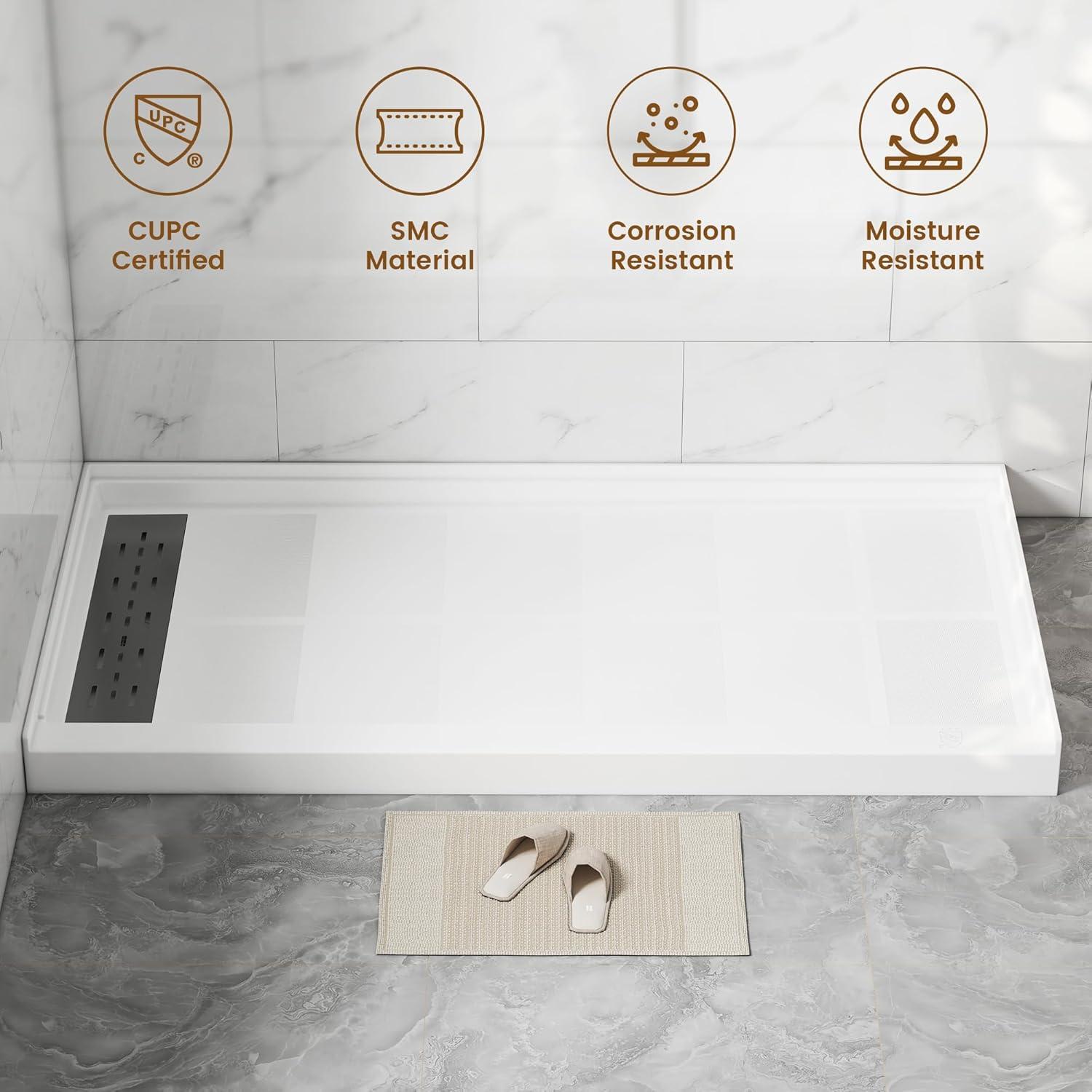 CASAINC CABR2501WH6032L GranVía 60"W X 32"D Single Threshold Shower Base Anti-Slip Shower Pan, Drain Assembly & Drain Cover Included