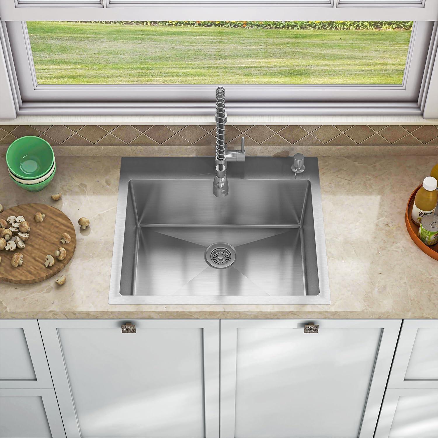 Sinber 25" x 22" Drop In Single Bowl Kitchen Sink with 18 Gauge 304 Stainless Steel Satin Finish