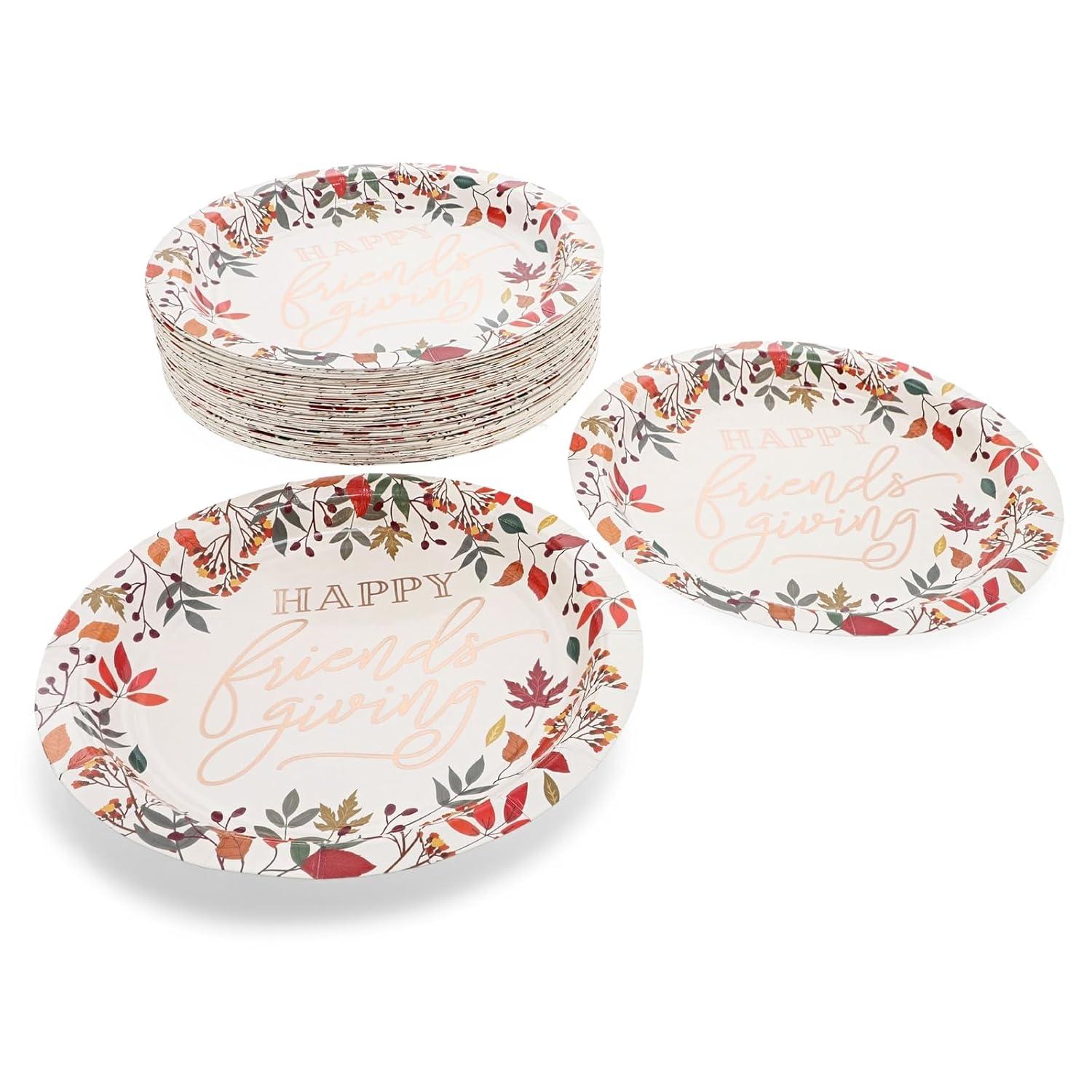 Sparkle and Bash 48 Pack Friendsgiving Plates, 7-Inch Paper Plates with Fall Leaves and Rose Gold Foil, Thanksgiving Party Decor Supplies - Party Supply