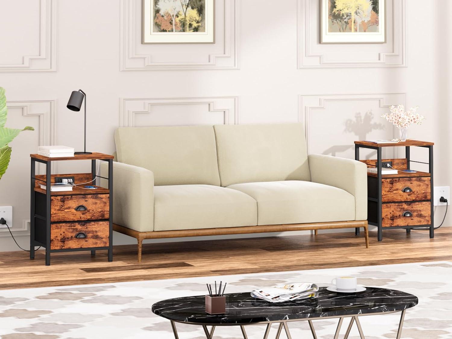 Furologee Nightstand Set of 2, Rustic Brown, with Charging Station and USB Ports, Side Tables with 2 Fabric Drawers, Bedside Tables with Storage Shelf & Hooks, for Living Room/Bedroom