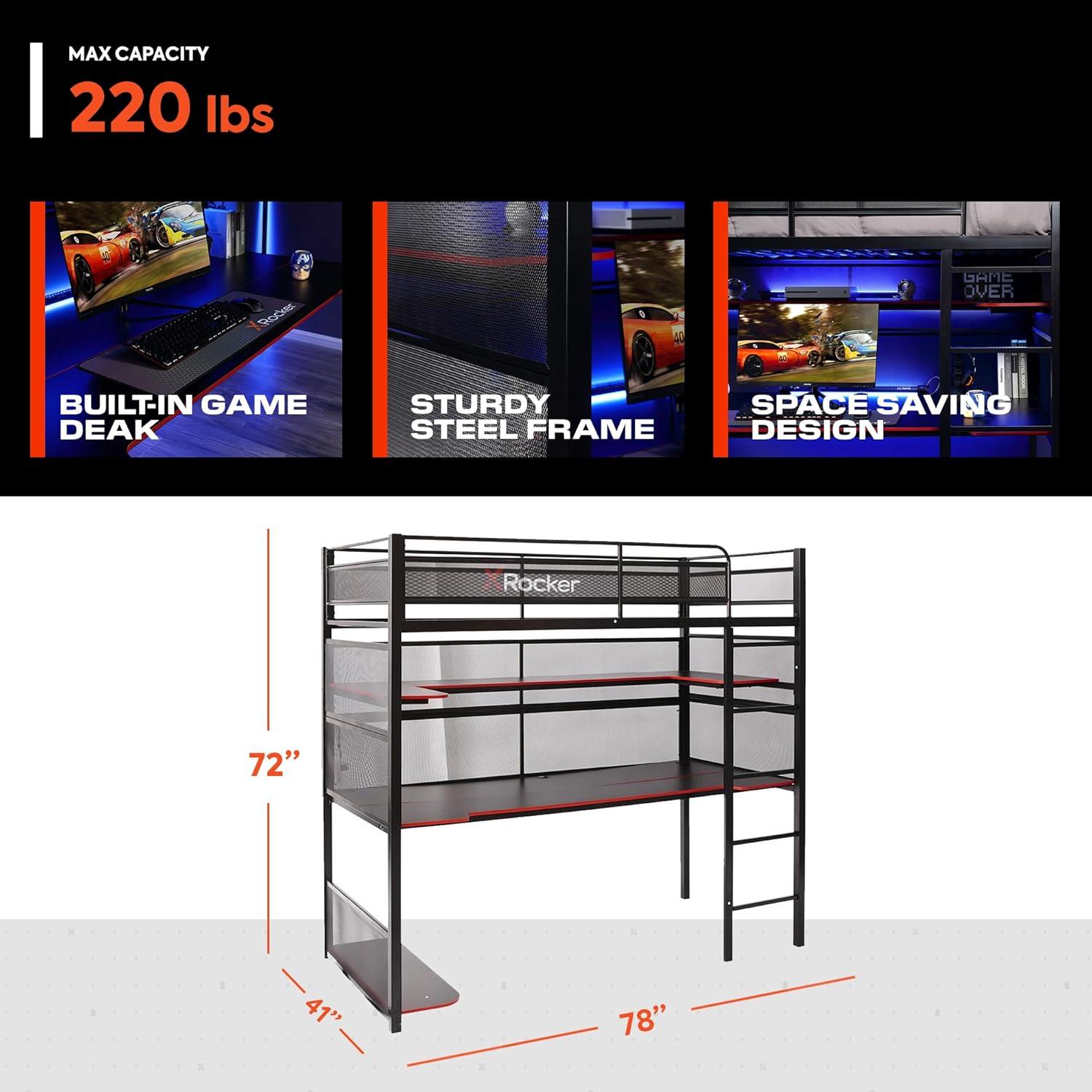 Loft Twin Upholstered Gaming Bunk Bed with Metal Frame and Drawer