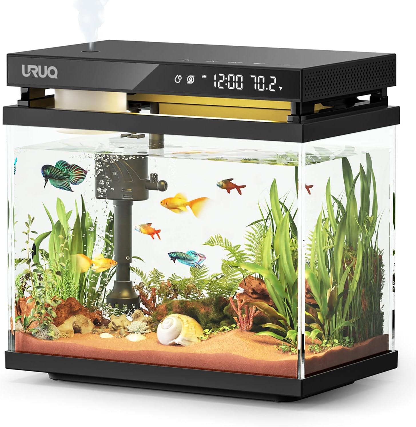 Latitude Run® Fish Tank Smart Aquarium Kit: 2 Gallon UHD Glass Silent Water Pump Self Cleaning Multi Layer Filtration System - Temperature Sensing 7-Color Lighting For Small Fish Betta Kids Room Desktop Decor