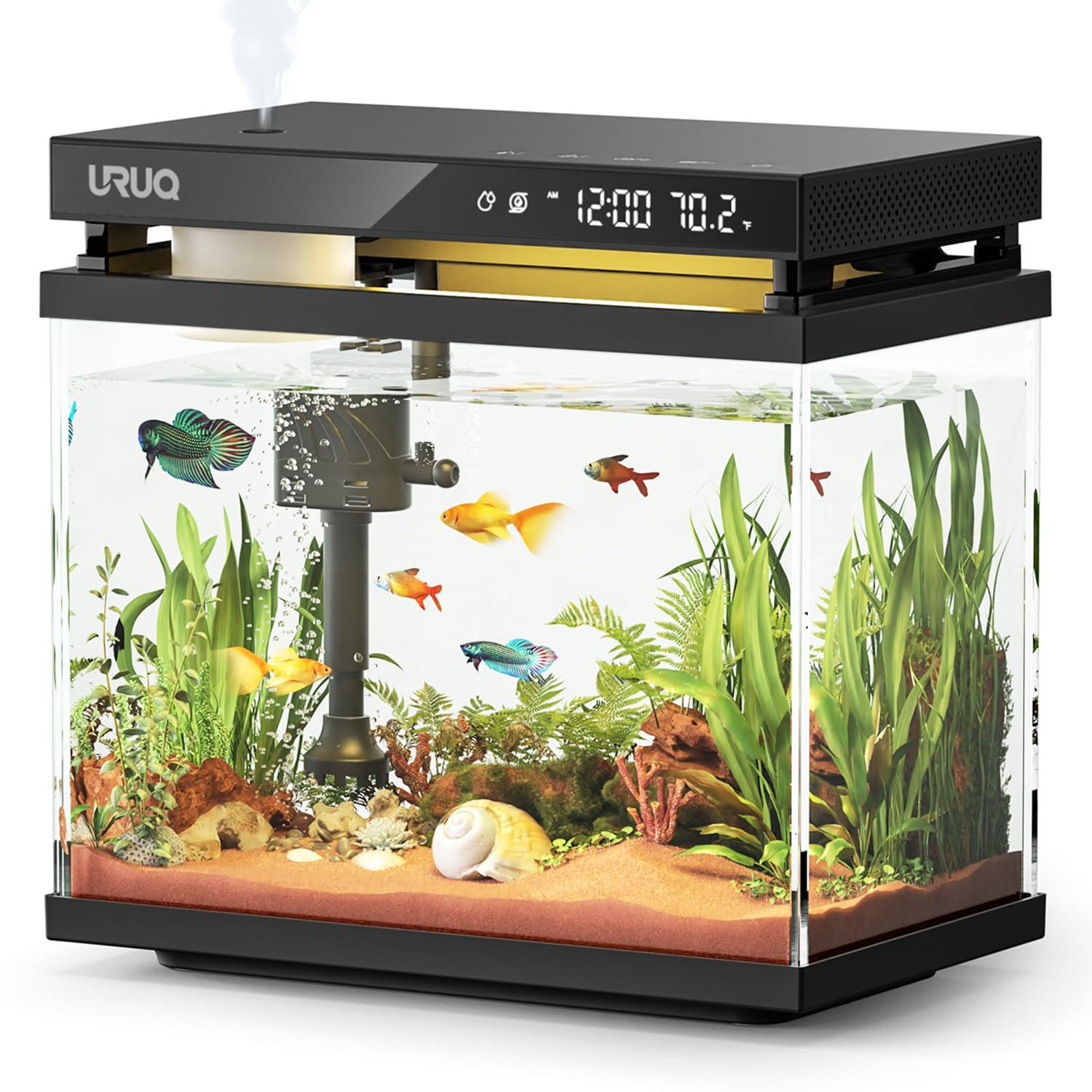 Latitude Run® Fish Tank Smart Aquarium Kit: 2 Gallon UHD Glass Silent Water Pump Self Cleaning Multi Layer Filtration System - Temperature Sensing 7-Color Lighting For Small Fish Betta Kids Room Desktop Decor