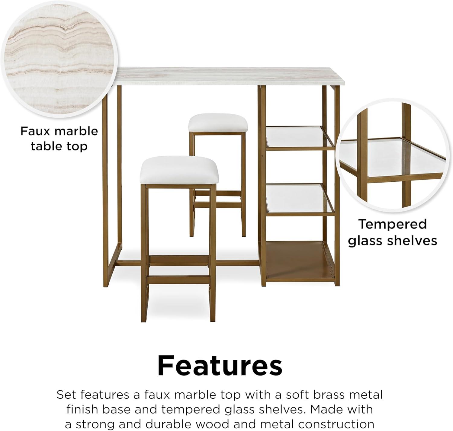 DHP Tanner 3-Piece Brass Counter Height Set with Faux Marble Top, White