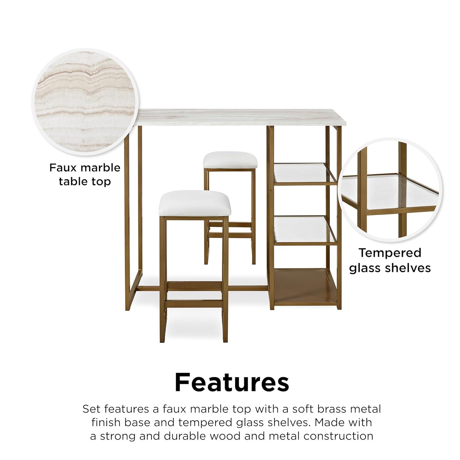 DHP Tanner 3-Piece Brass Counter Height Set with Faux Marble Top, White