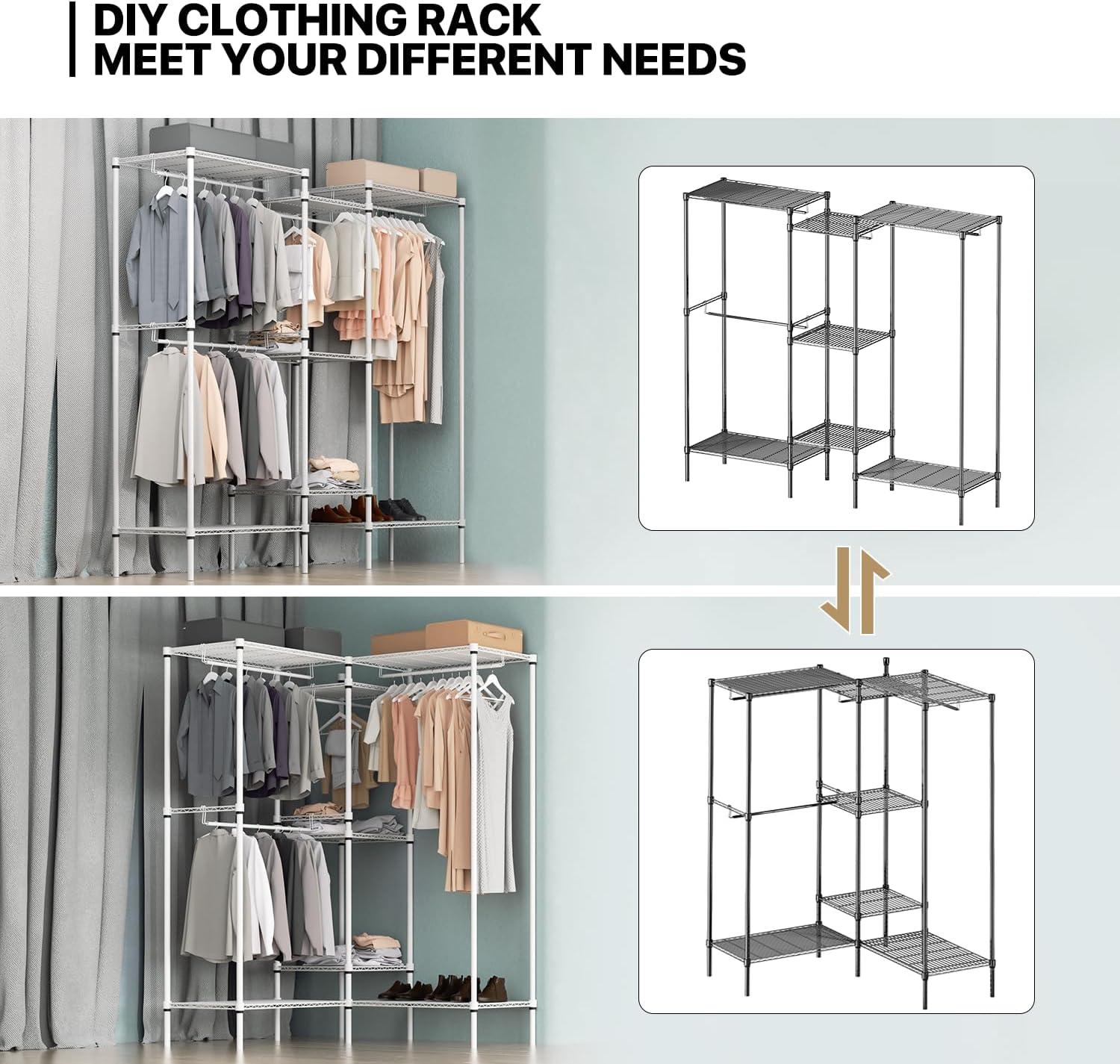 MoNiBloom Heavy Duty Clothes Rack L Shaped Clothing Rack for Corner, Wire Garment Rack Freestanding Wardrobe Rack for Bedroom, 73"Lx13.5"Wx71"H, White