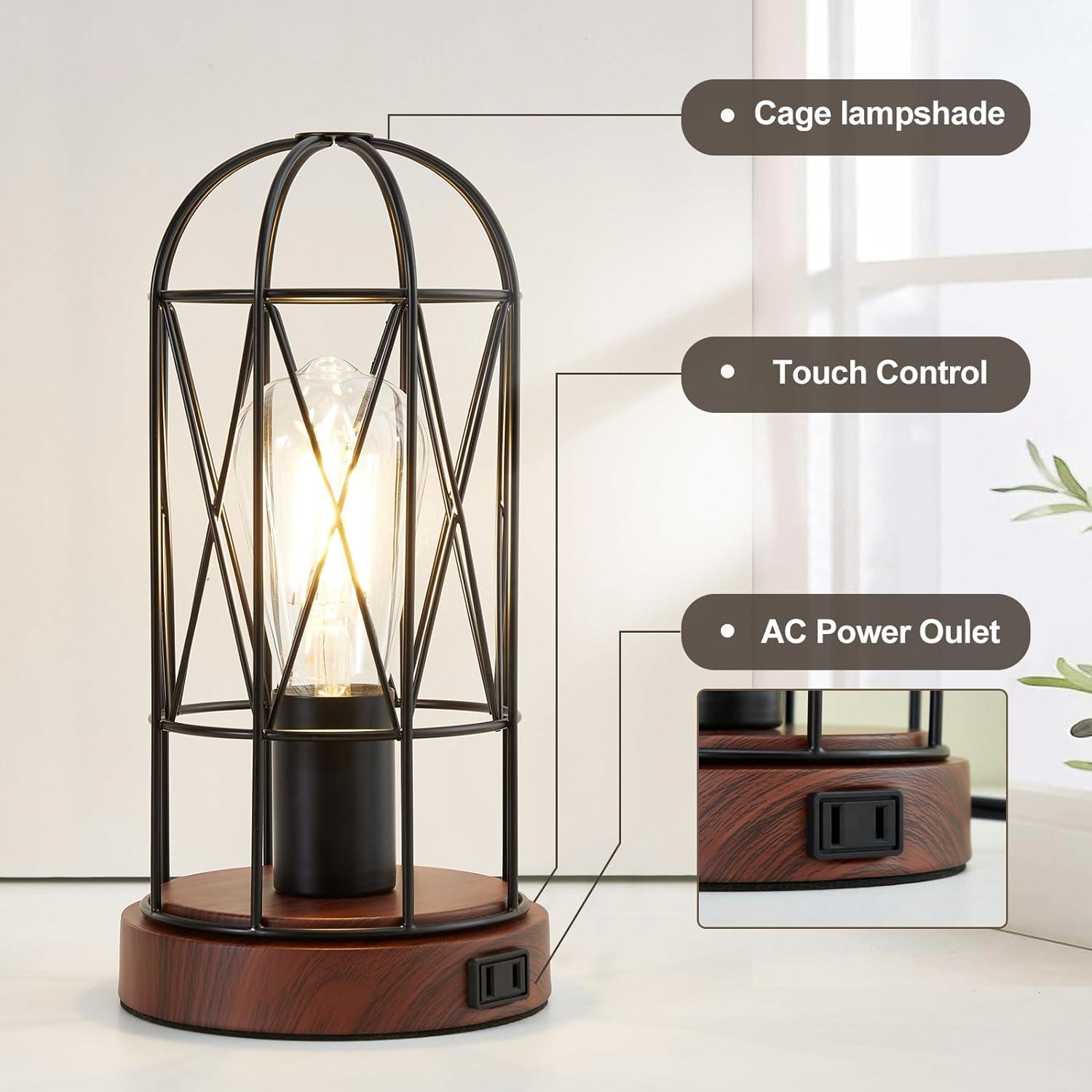 GyroVu Industrial Table Lamp, Small Touch Control Edison Desk Lamp 3 Way Dimmable Vintage Bedside Lamp with AC Outlet Metal Cage Steampunk Nightstand Lamp for Living Room, Bedroom or Den