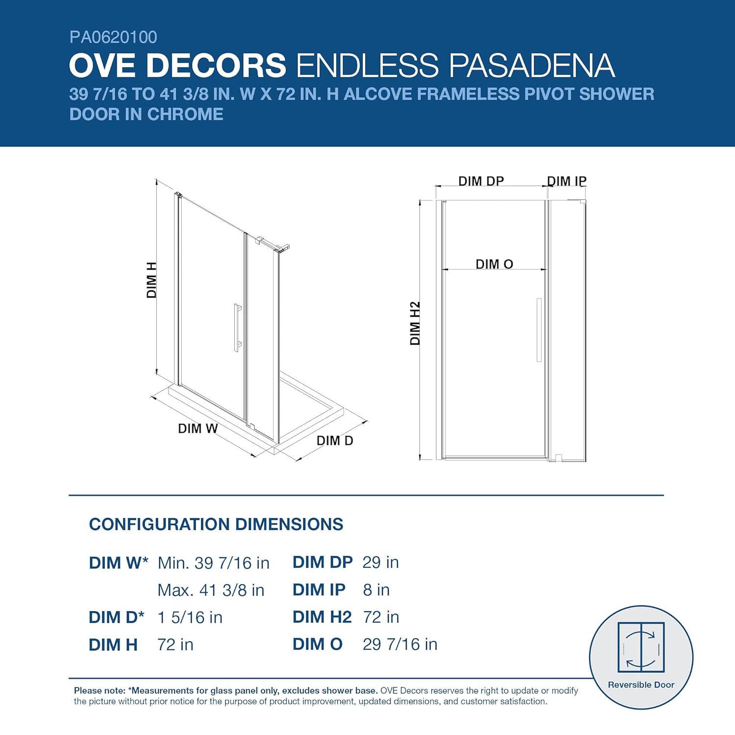 Endless Pasadena 41" W x 72" H Alcove Frameless Shower Kit, Door, Panel