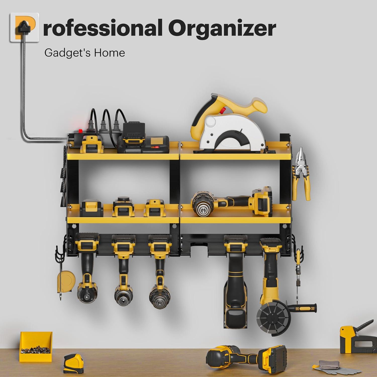 Spampur Power Tool Organizer Wall Mount with Charging Station, Garage Tool Shelf 6 Drill Holders, Tool Battery Holder with Plier holder Heavy Duty Rack, Tool Storage Rack with 4 Outlet Power Strip