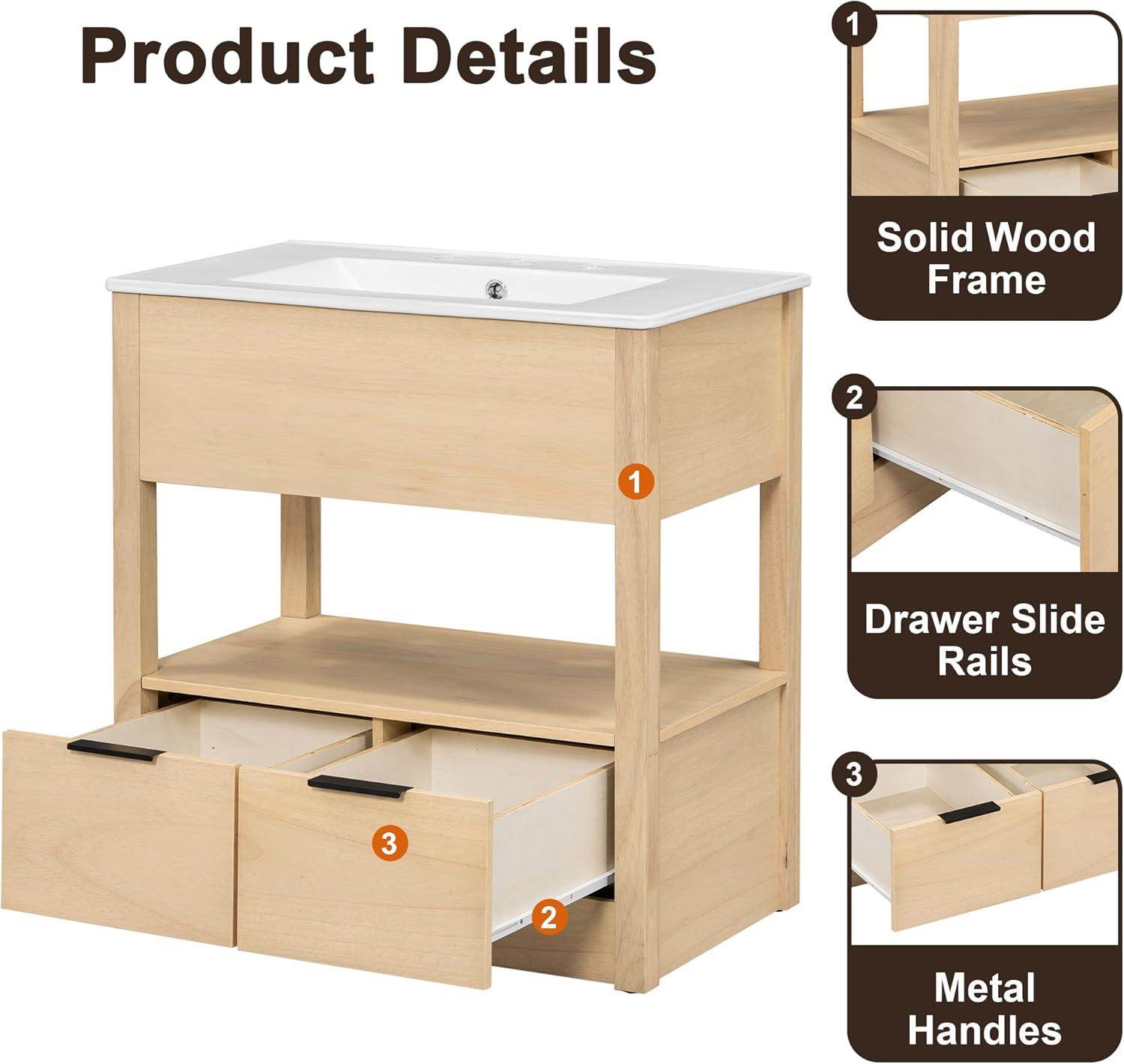 Tcbosik 30 Inches Bathroom Vanity Set with Ceramic Sink Top, Wood Vanity Cabinet with 2 Drawers and Open Shelf, Natural