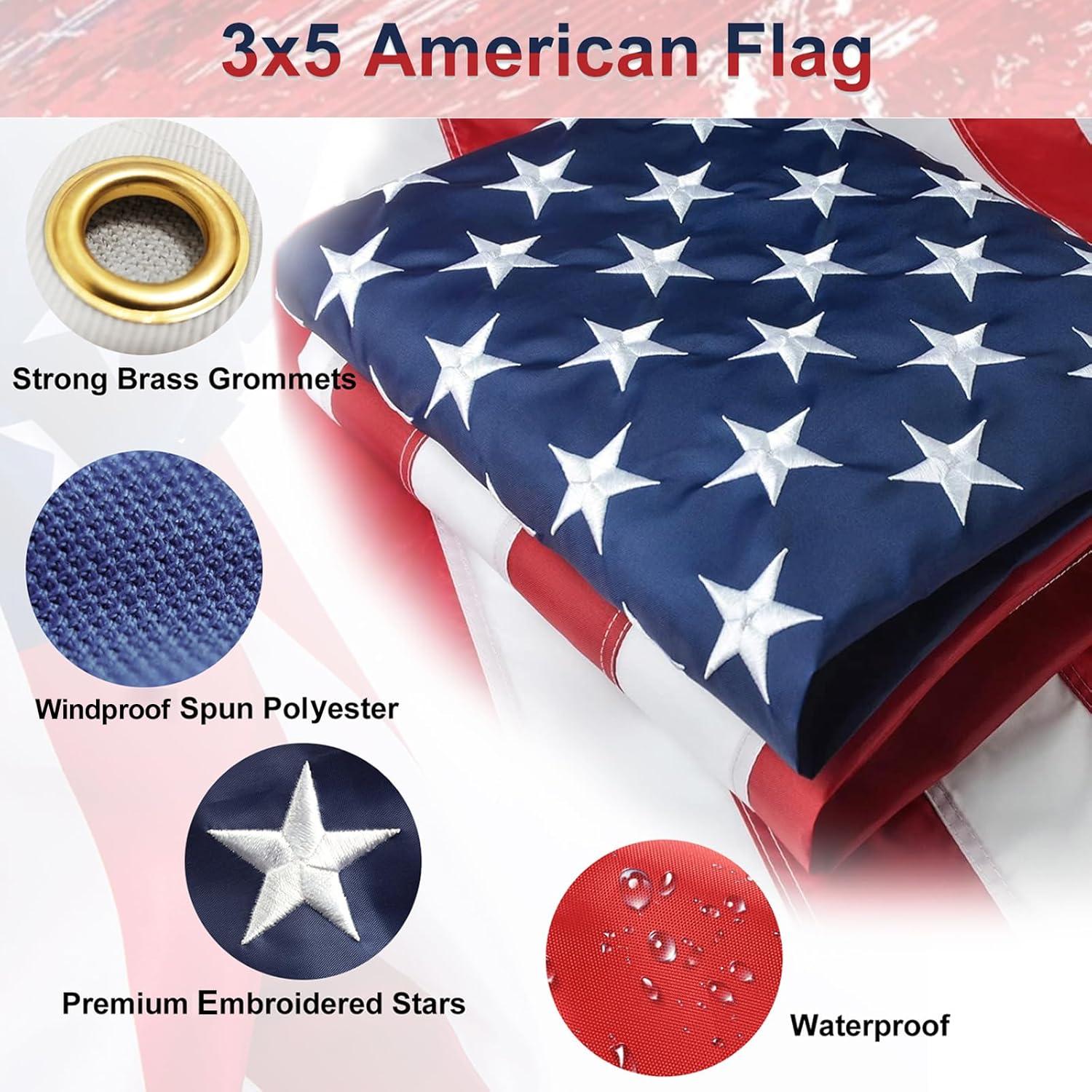 AEASKIEY 5FT Tangle Free Stainless Steel Metal Flag Pole (Black) with 3x5 Embroidered US Flag and Bracket.