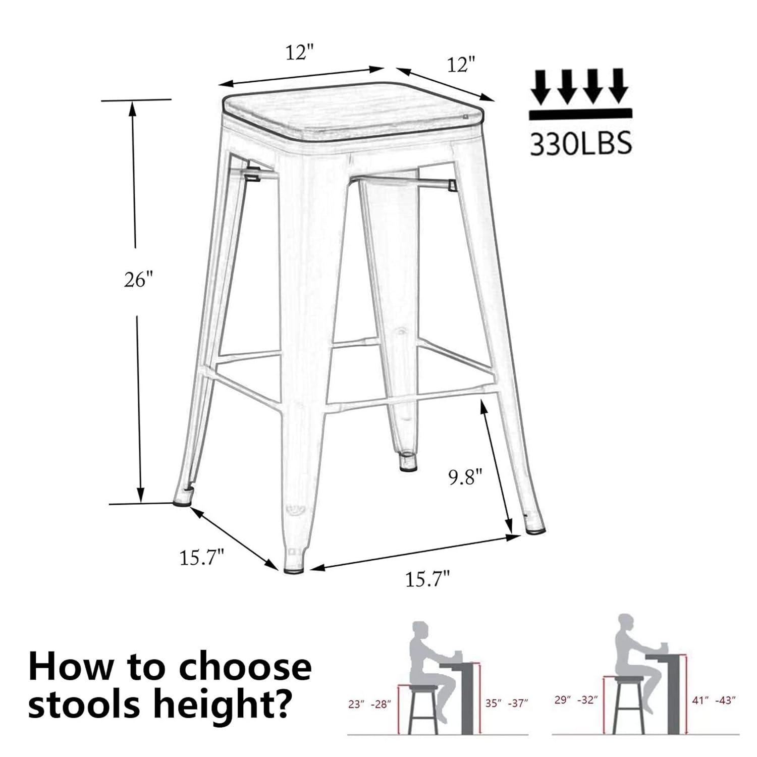Drevy 26" Metal Counter Height Bar Stools Set of 4 Industrial Backless Kitchen Patio Counter Stool Stackable Barstools Wood Top-Silver