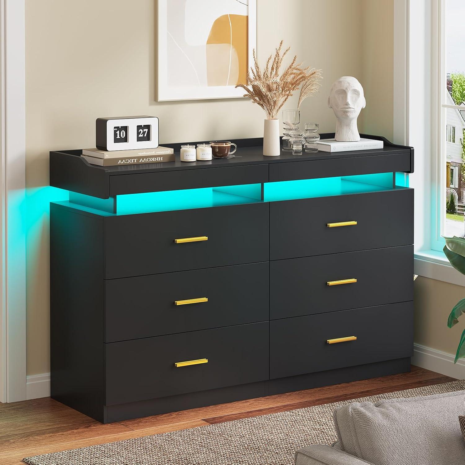 Modern LED Dresser for Bedroom, 6 Drawer Dresser with 2 Pull-Out Trays, Wide Dresser, White