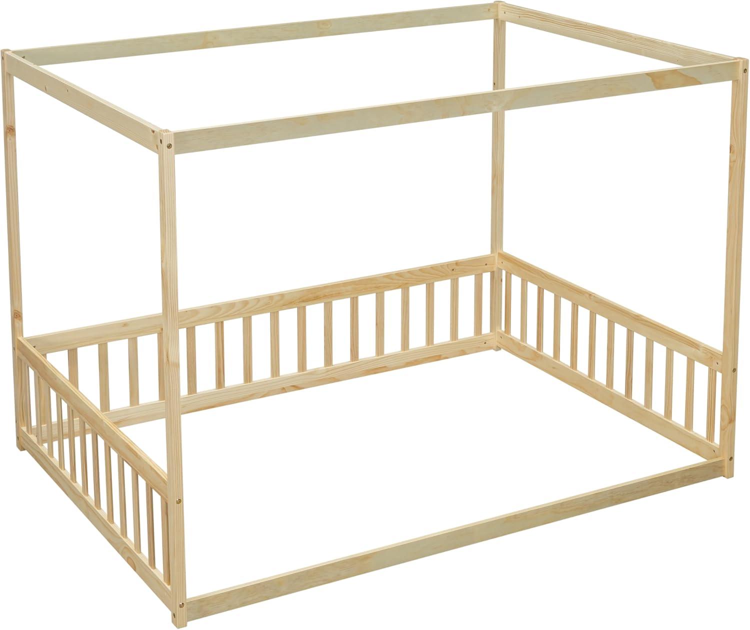 Canopy Frame Twin Size Floor Bed for Kids Bedroom,Wood Bed Frame with Fence for Boys/Girls/Teens,No Box Spring Needed,Natural