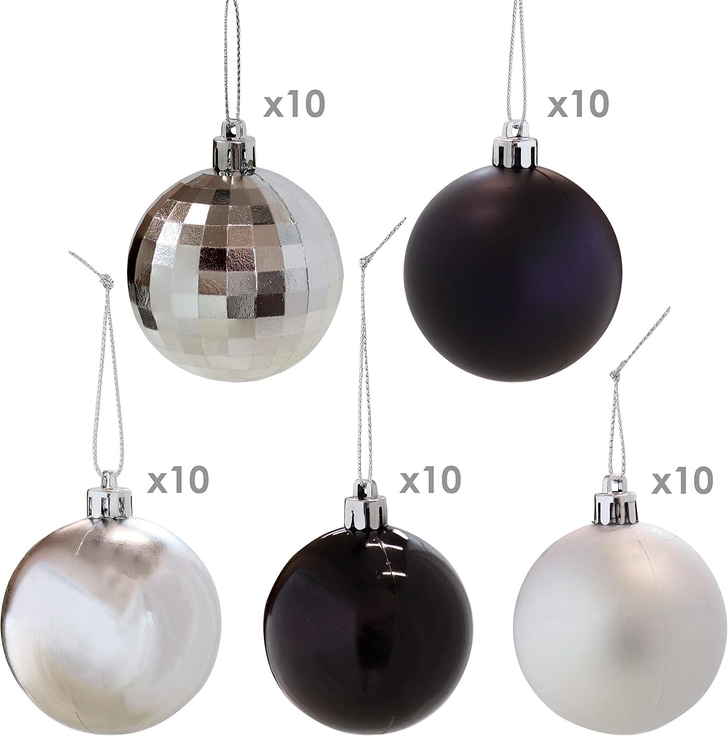 Sunnydaze Indoor Christmas Holiday Tree Shatterproof Bulb Ornaments with String - 63.5 mm - Black and Silver - 50pc