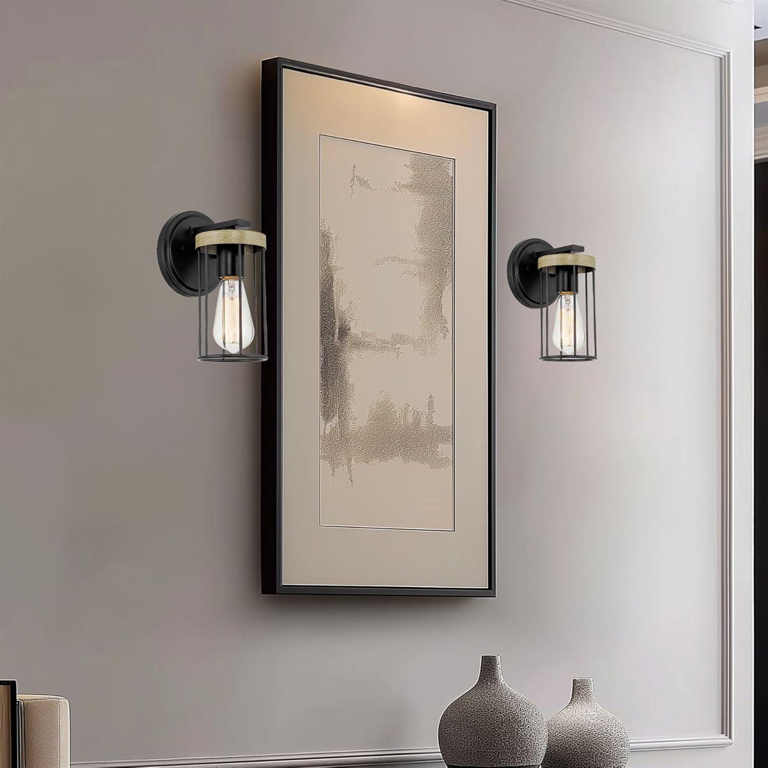 Kira Home Dayton 9" Farmhouse Wall Sconce, Smoked Birch Wood Style + Black Finish