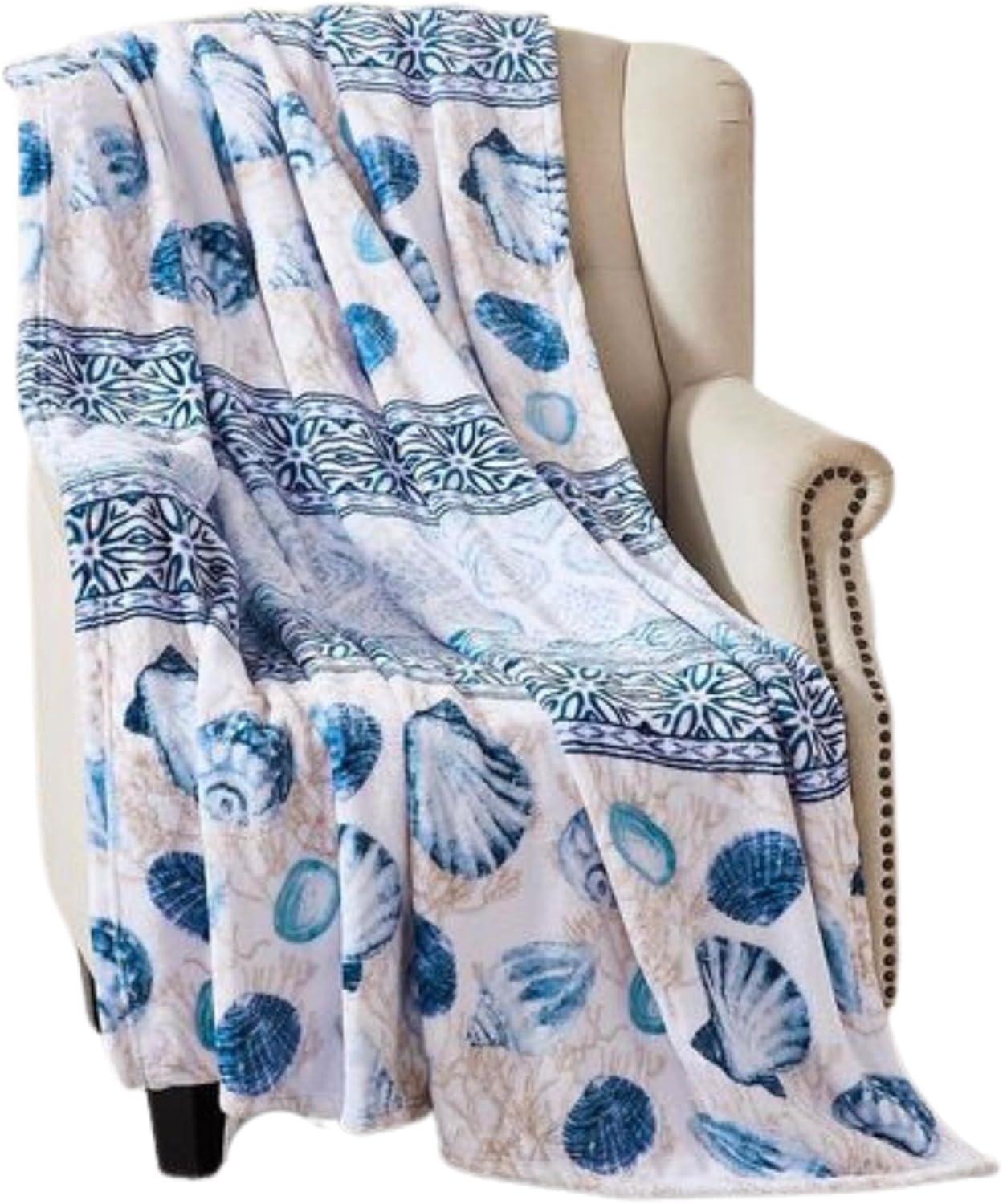 Coastal Ocean Life Fleece Throw Blanket, 50" x 70", Blue and White