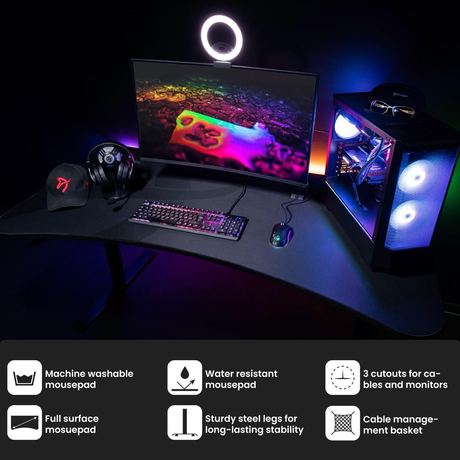 Dark Gray Curved Gaming Desk with Steel Frame