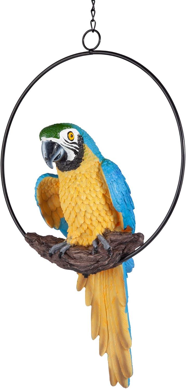 Design Toscano Polly in Paradise Parrot Hanging Bird Ring Perch Indoor/Outdoor Statue, Medium 14 Inch Tall, Cast Stone Resin, Blue Yellow Finish