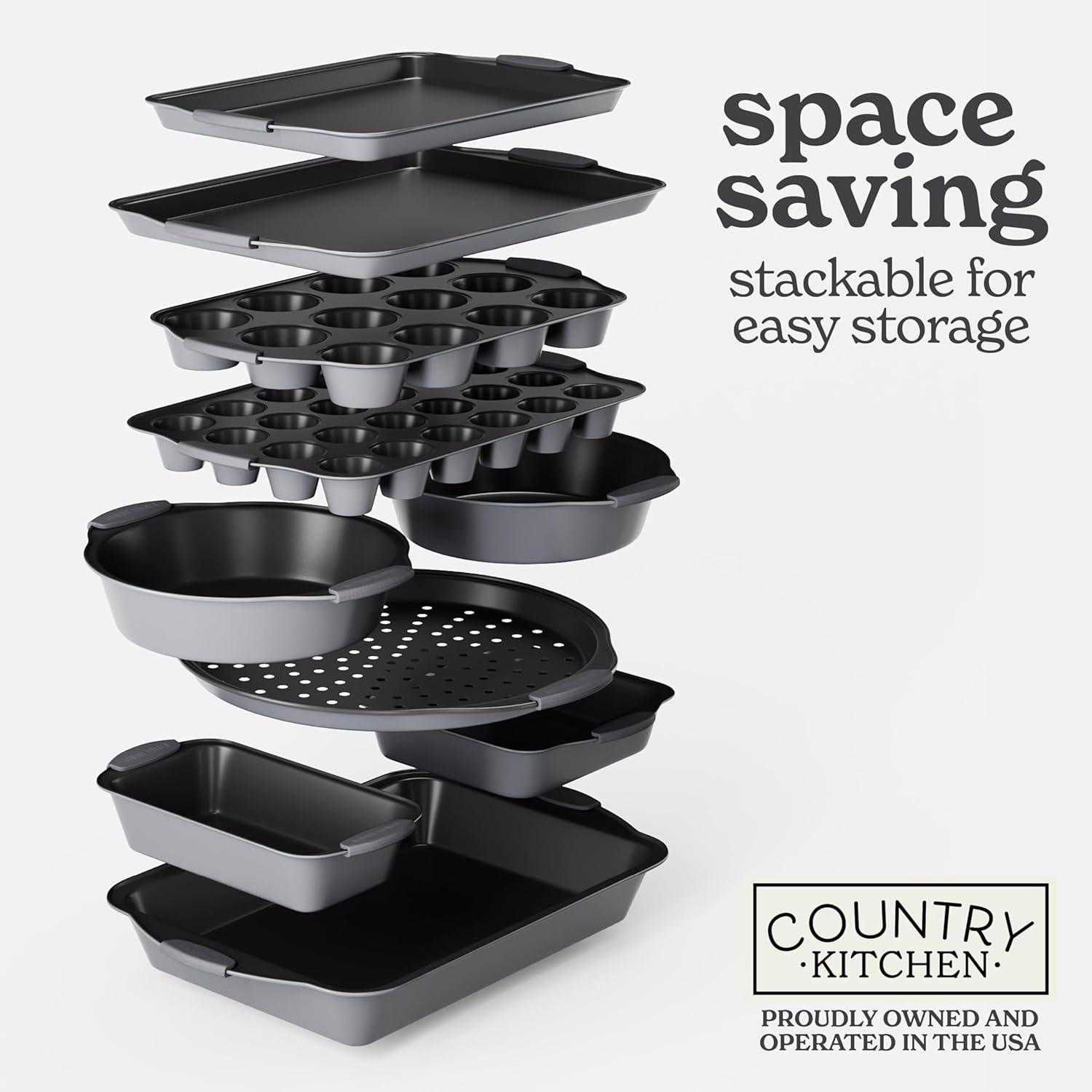 Gray Nonstick Stackable Bakeware Set with Silicone Handles, 10 Pieces