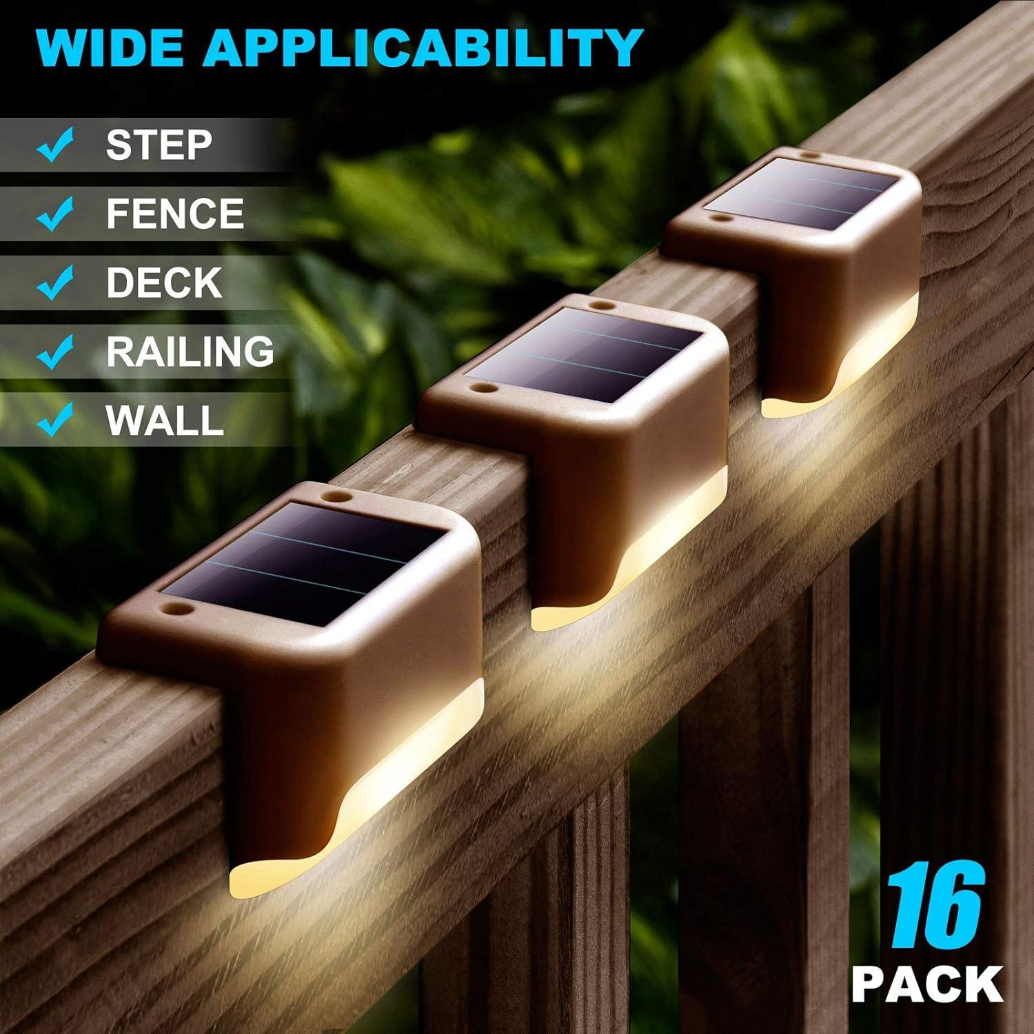 16 Pack Fence Post Solar Lights for Patio Pool Stairs Step and Pathway, Weatherproof LED Deck Lights Solar Powered Outdoor Lights (Warm White)