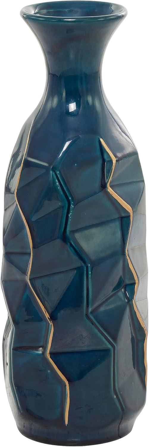 DecMode Blue Ceramic Modern and Coastal Vase 5"W x 15"H, featuring Minimalist Design with clean Lines and Angular Structures