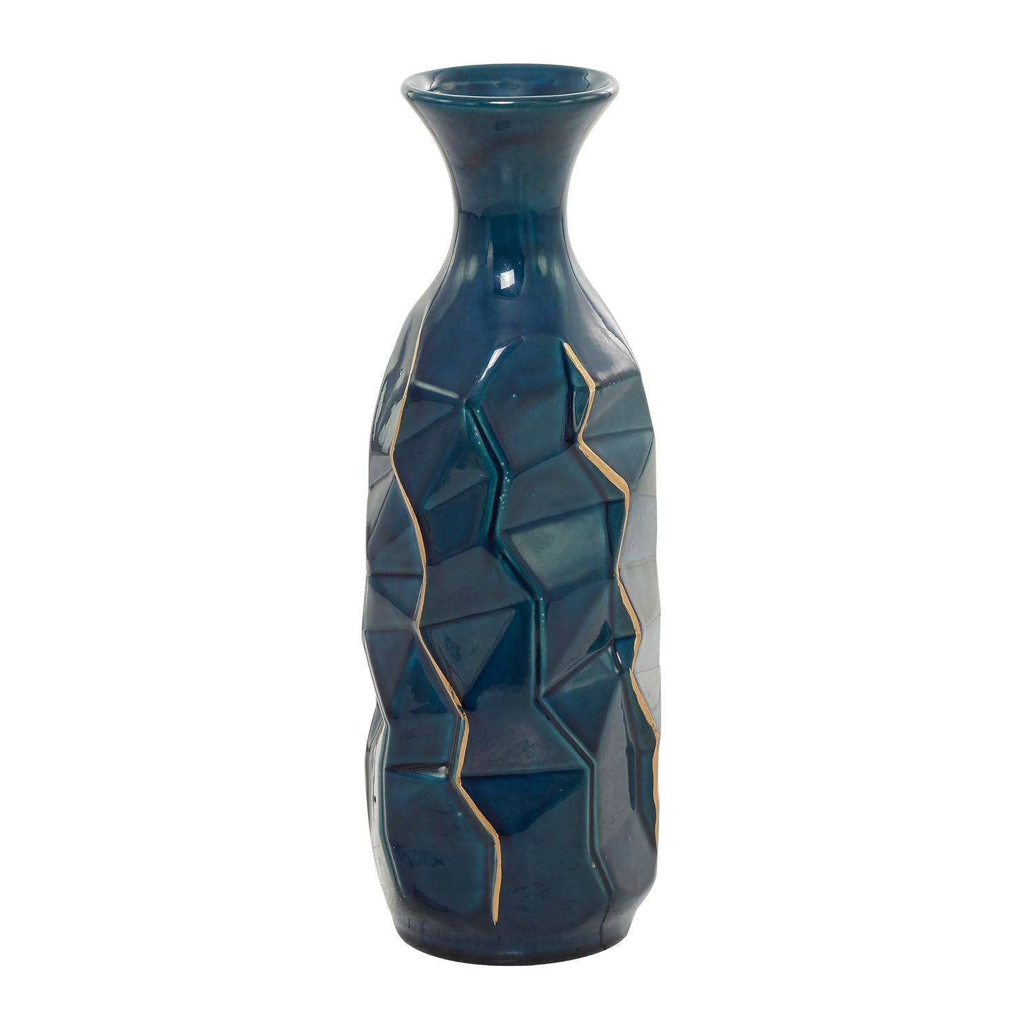 DecMode Blue Ceramic Modern and Coastal Vase 5"W x 15"H, featuring Minimalist Design with clean Lines and Angular Structures