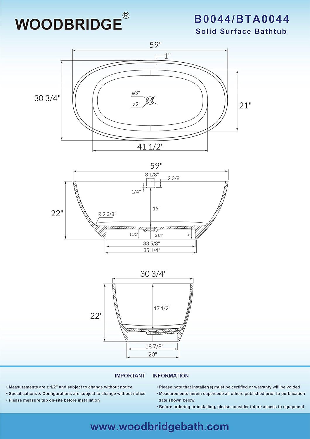 59'' Matte White Acrylic Freestanding Oval Bathtub