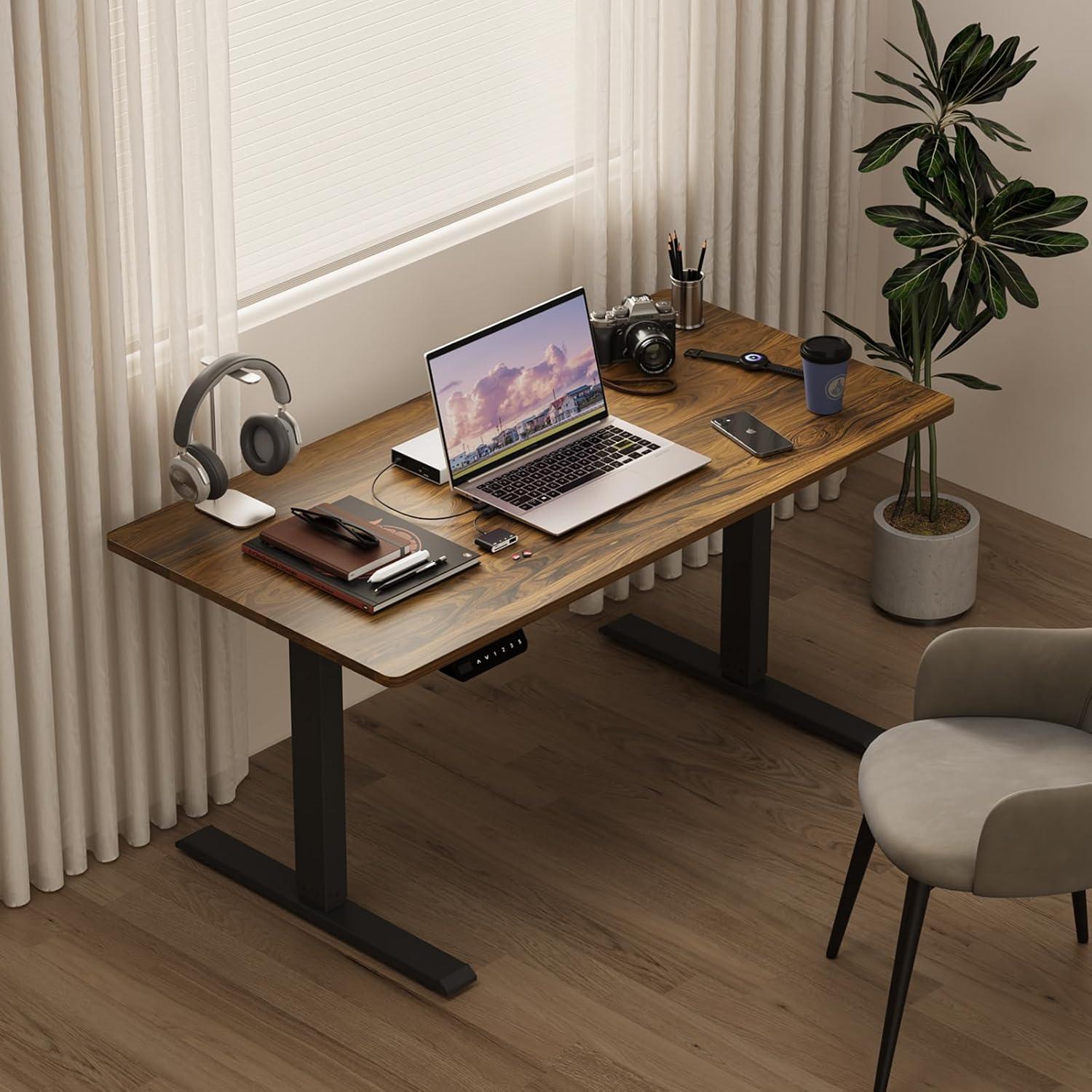 Electric Standing Desk Adjustable Height - Rolling Sit to Stand Desks on Wheels - Mobile Standup Computer Table 48 Inch Brown One Piece Desktop and Rising Frame with Storage for Home Office & Gaming