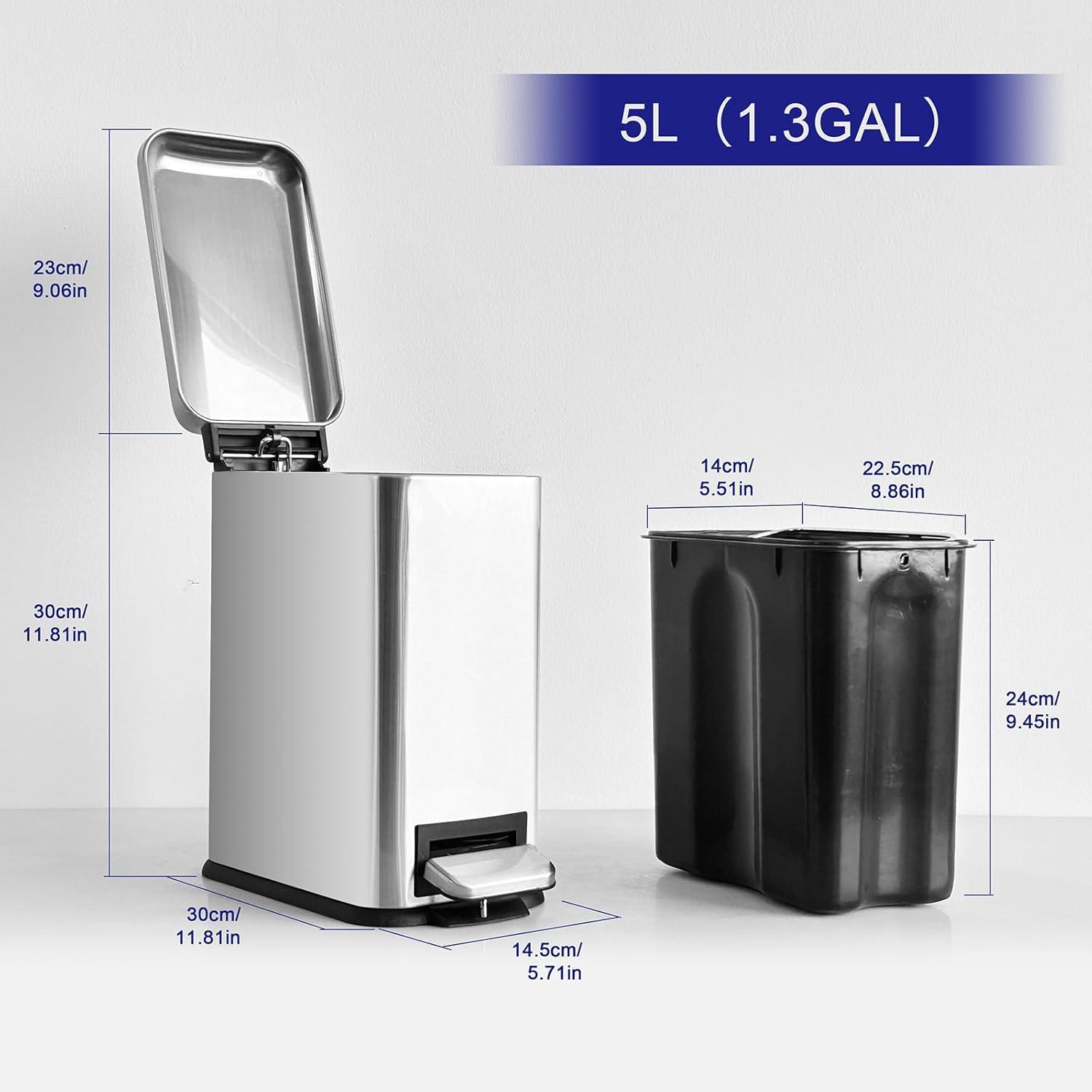 FDW Bathroom Trash Can With A Lid 1.3 Gallon  (5 L) Small Trash Bin Step Pedal Garbage Can With Removable Bucket Slim For Small Spaces For Bathroom,Bedroom,Kitchen,Office