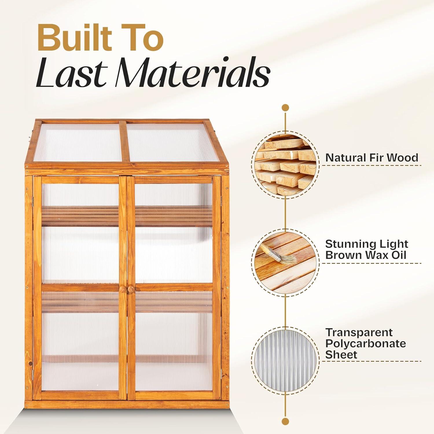 Wood Cold Frame Greenhouse for Outdoors, 2-Tier Greenhouse Cabinet