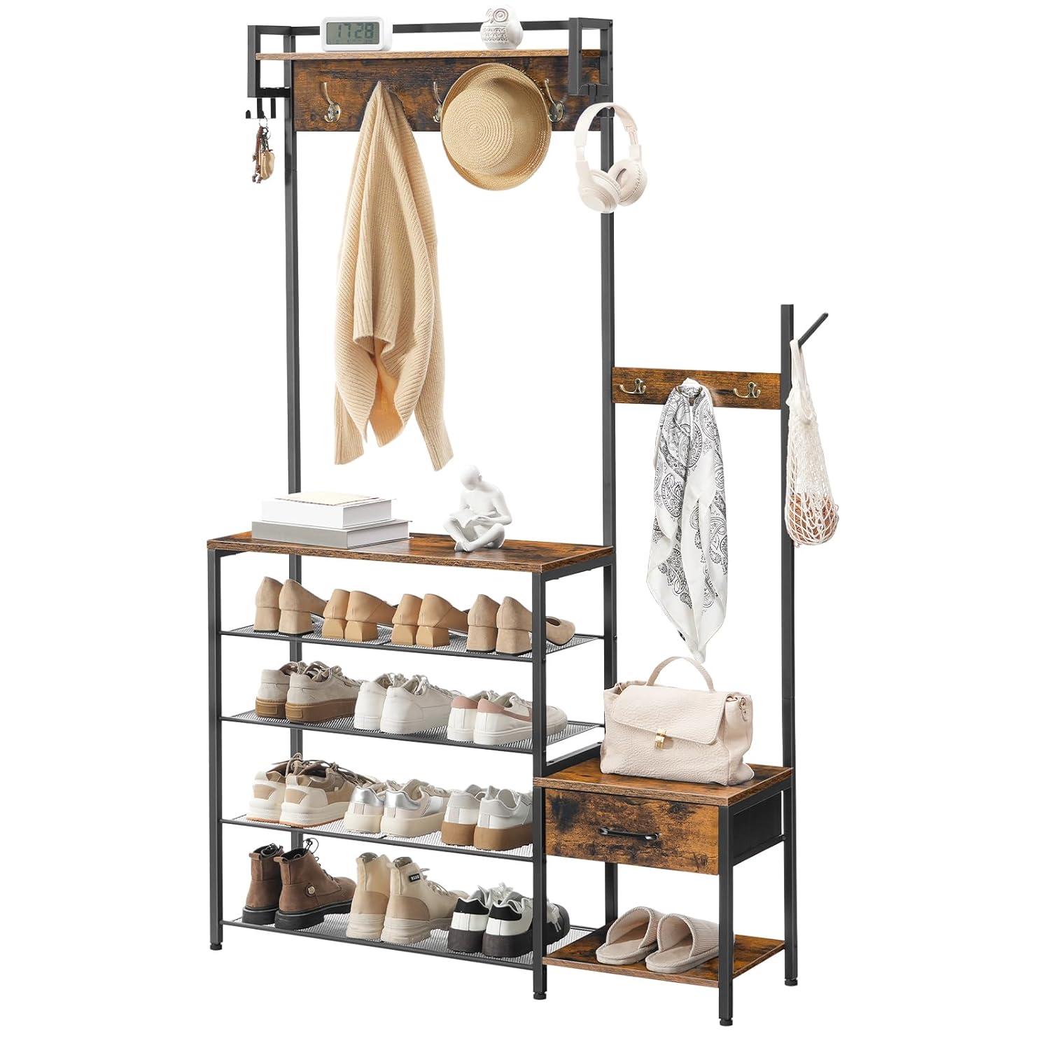 VASAGLE Hall Tree Entryway Coat Rack with Shoe Bench Rustic Walnut and Black