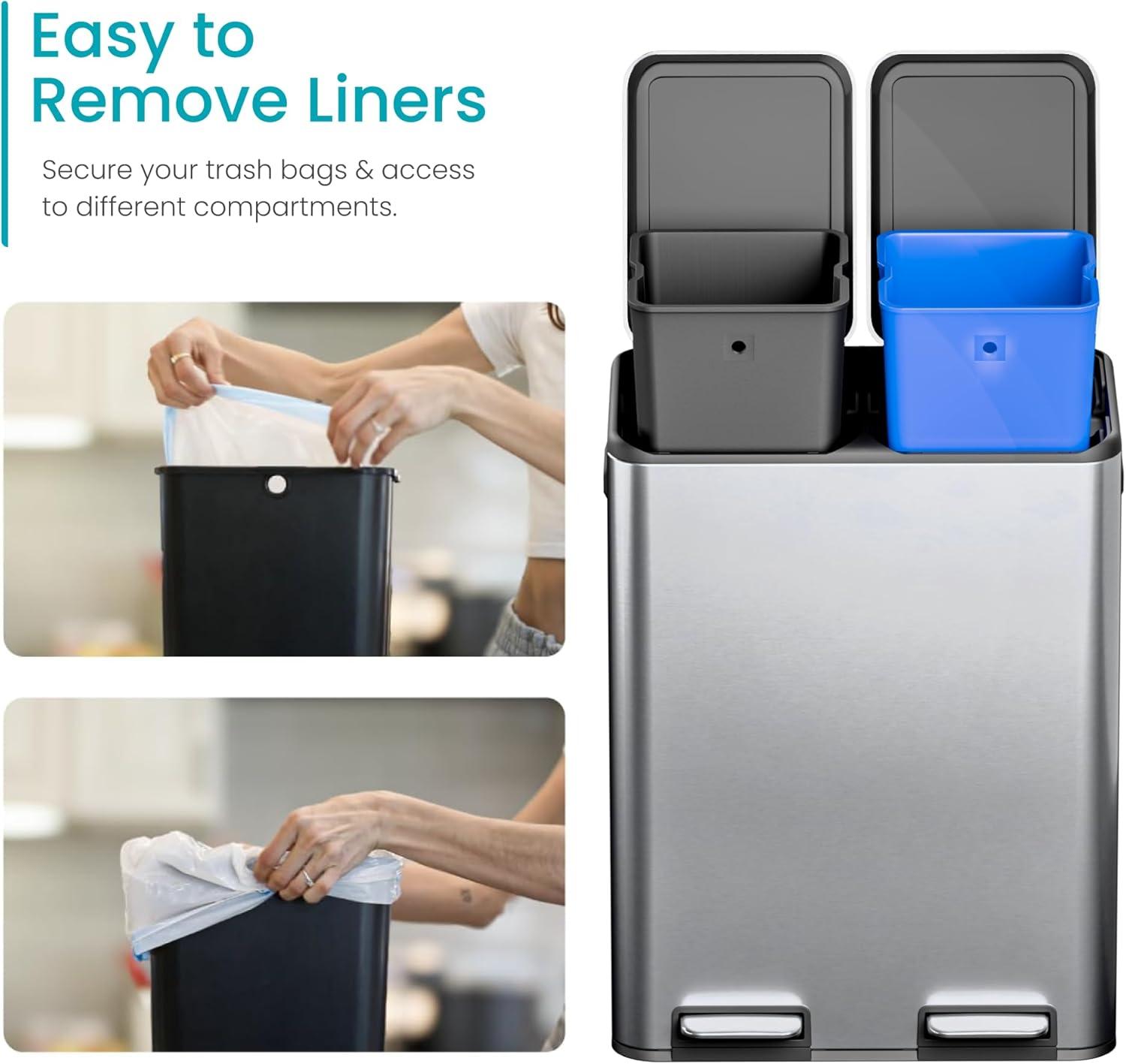 Home Zone Living Home Zone Living 15.8 Gallon Kitchen Trash Can With Dual Removable Liners For Recycling And Trash, Stainless Steel