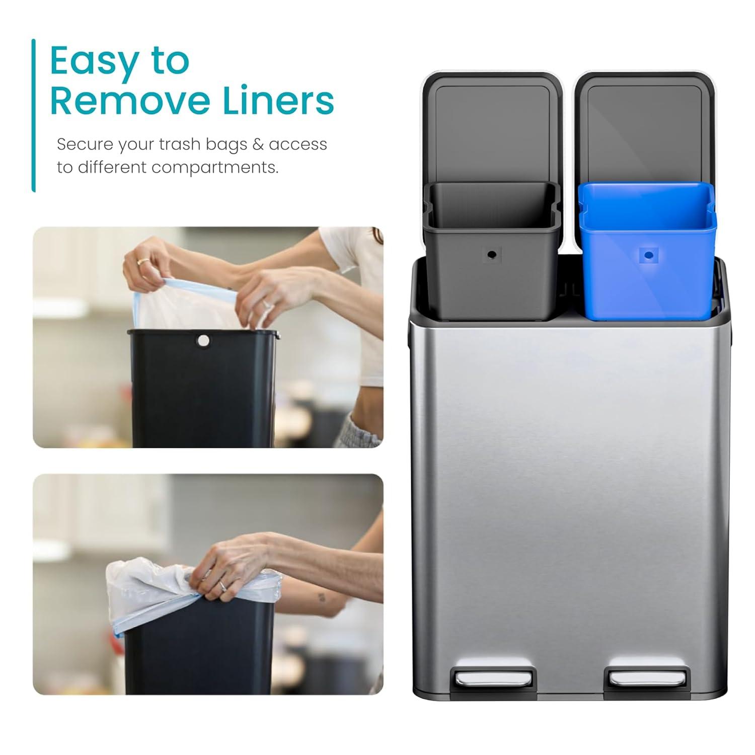 Home Zone Living Home Zone Living 16 Gallon Stainless Steel Kitchen Trash Can and Recycling Dual Compartments with Step Pedals and Soft-Close Lids