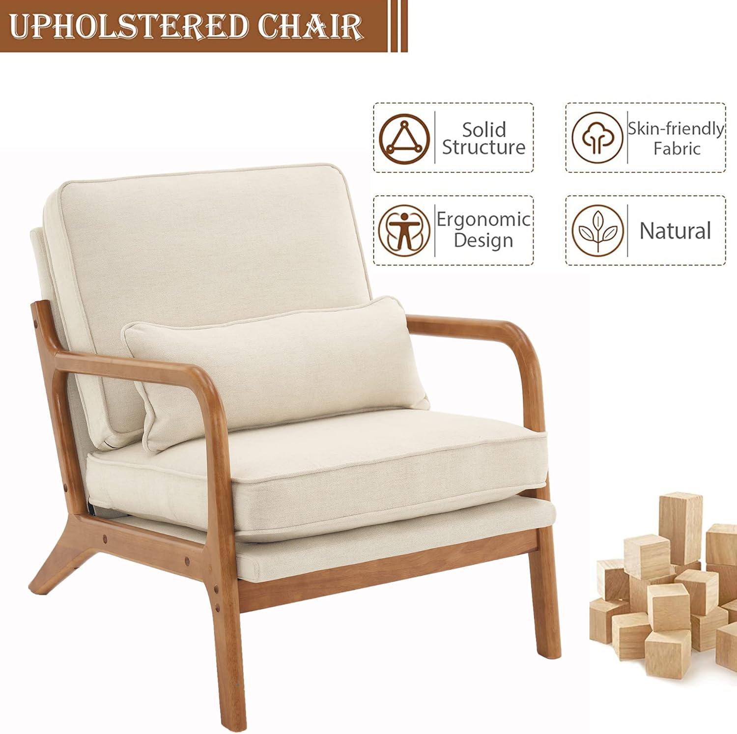 Beige Linen Armchair with Wood Frame and Pillow