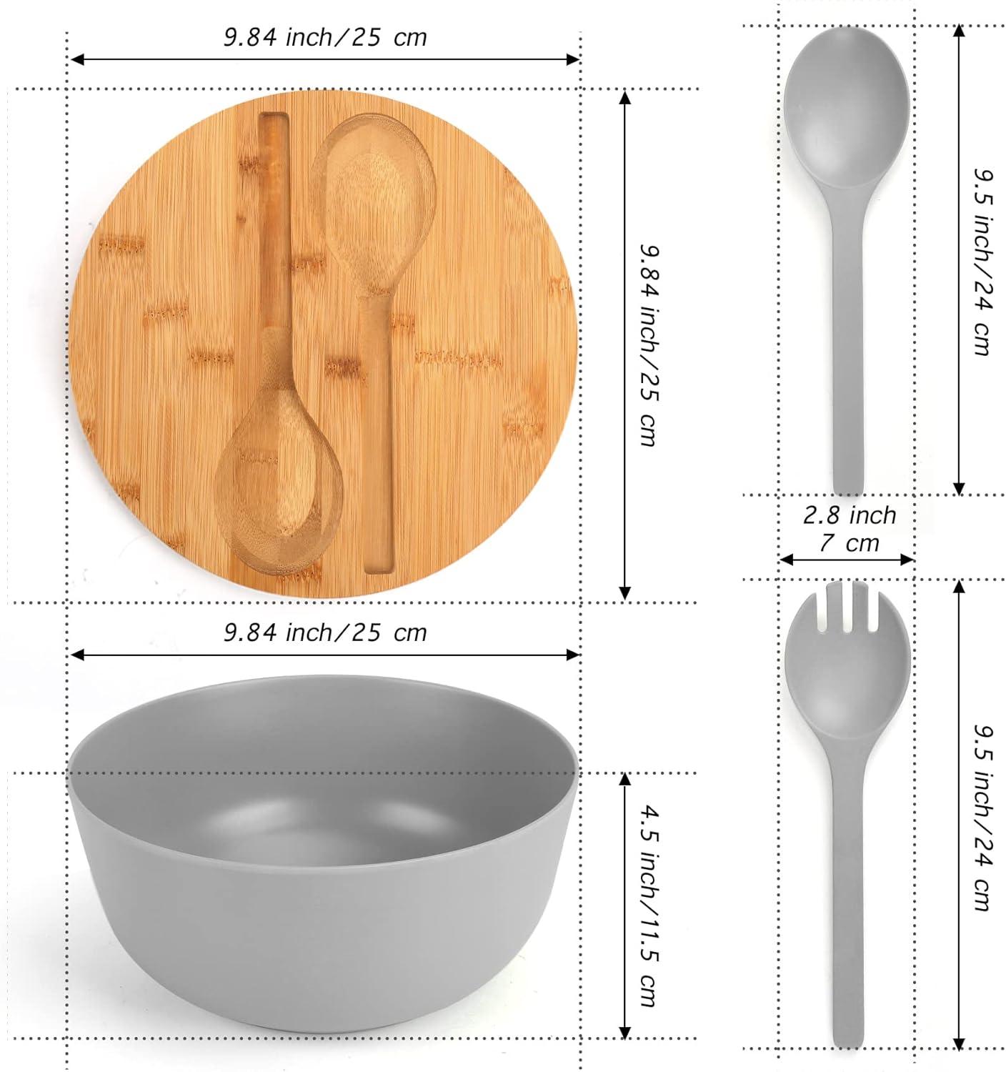 Gray Bamboo Fiber Salad Bowl with Lid and Utensils