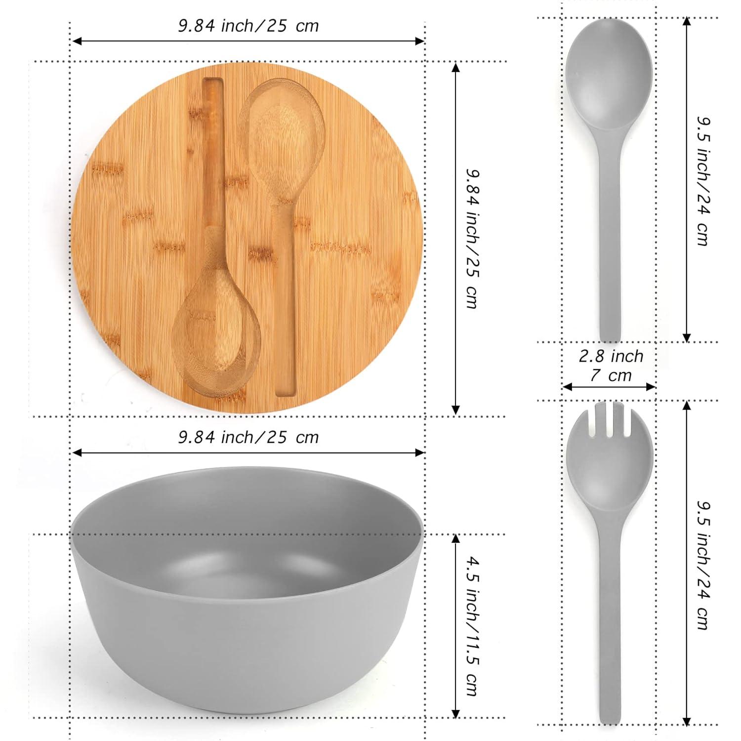 Large salad bowl with lid, upgraded version of bamboo fiber salad bowl with lid, 9.8-inch mixed salad bowl and server, and a set of free quick salad tools