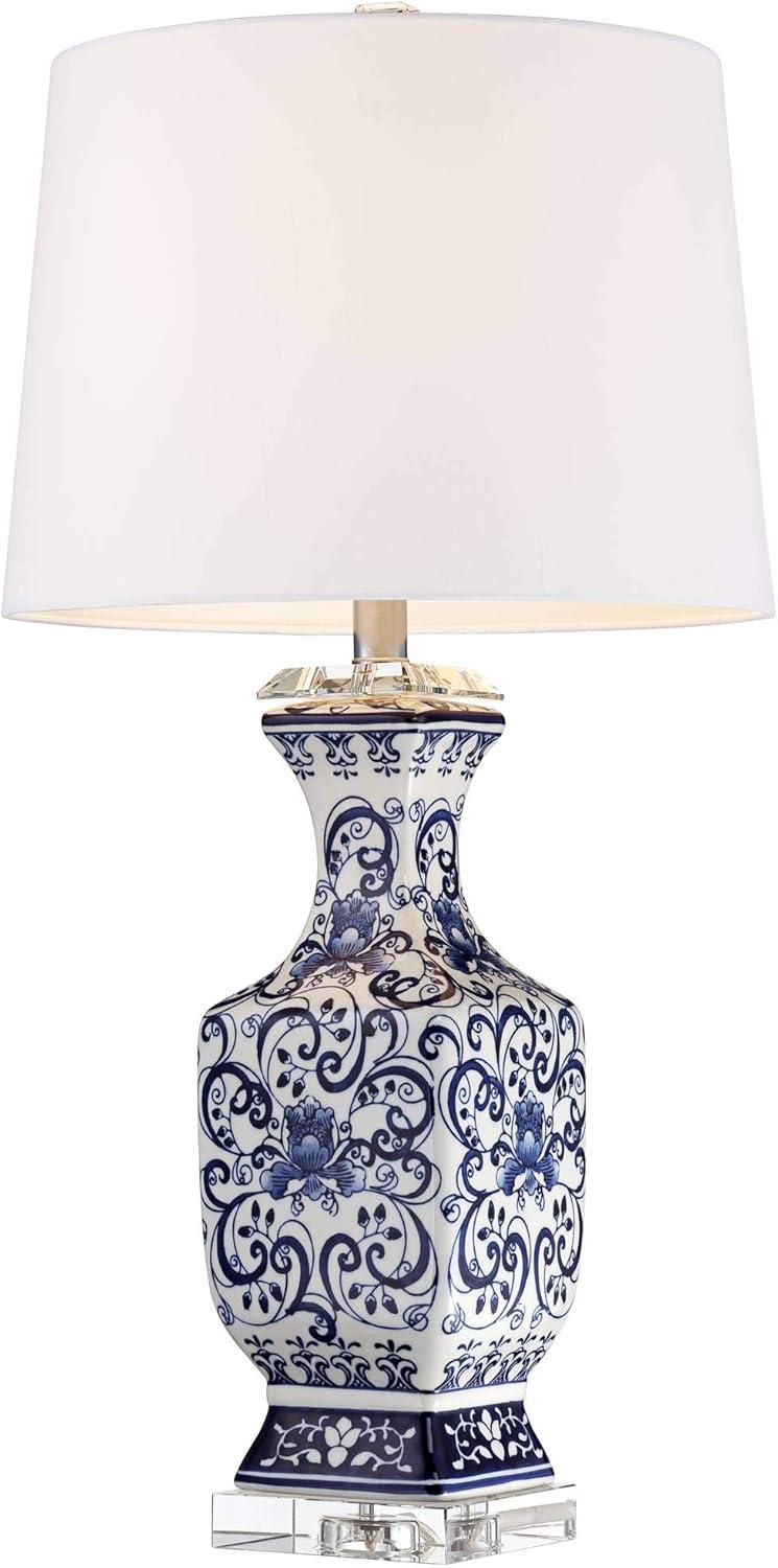 Barnes and Ivy Table Lamps 28" Tall Set of 2 Porcelain Blue Floral Jar Geneva White Drum Shade for Living Room Family Bedroom Bedside