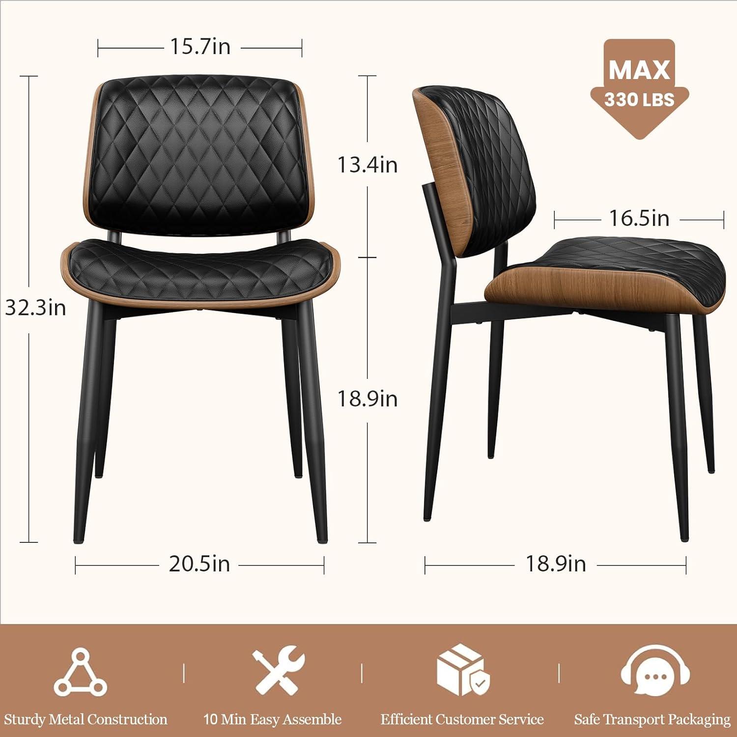 Dining Chairs Set of 2, Mid Century Modern Retro Faux Leather Chair with Walnut Bentwood Back, Upholstered Seat Metal Legs & Adjustable Foot for Kitchen Dining Room Chairs(Black PU)