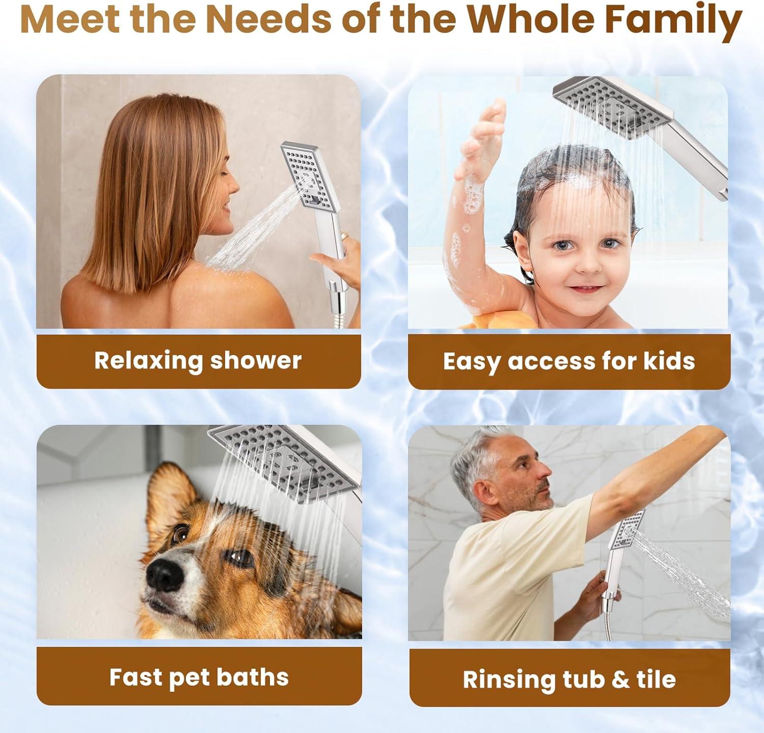 BRIGHT SHOWERS Rain Shower Head Combo, 8" Rainfall Shower with Handheld Spray, 60" Hose, 3-Way Diverter, Wall Bracket, Brushed Nickel
