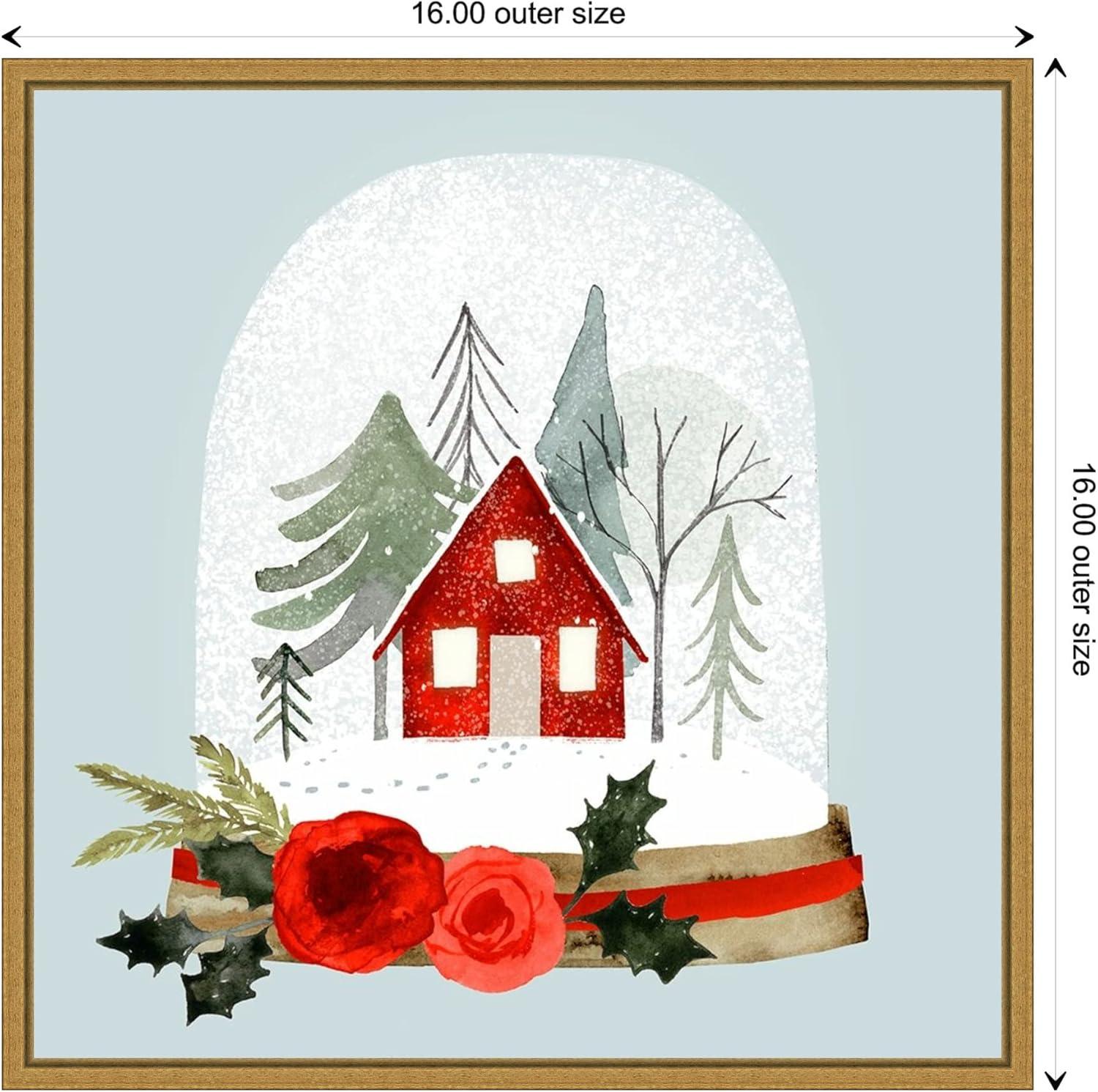 Small Red Cottage Snow Globe Canvas Print with Gold Frame