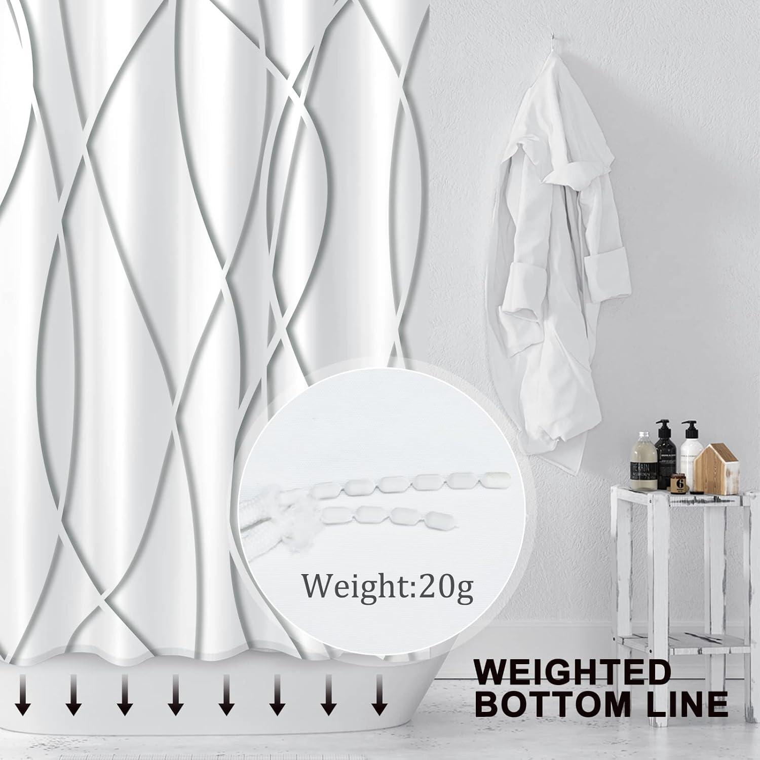 72-Inch White and Gray Striped Polyester Shower Curtain with Hooks