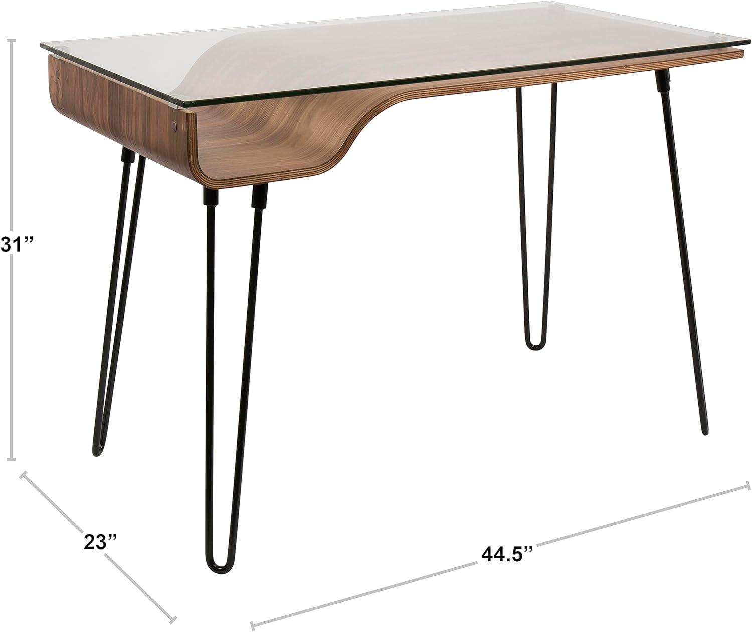 LumiSource Avery Mid Century Modern Desk Walnut : Tempered Glass Top, Wood & Metal Frame, All Purpose Drawer