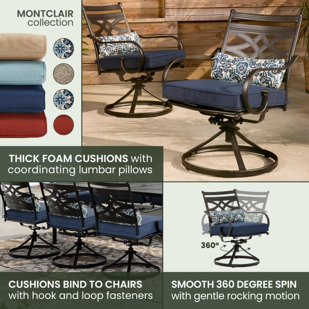 Hanover Montclair 9-Piece All-Weather Outdoor Patio Dining Set, 8 Swivel Rocker Chairs with Comfortable Seat and Lumbar Cushions, 84"x42" Stamped Rectangle Table, MCLRDN9PCSW8-NVY