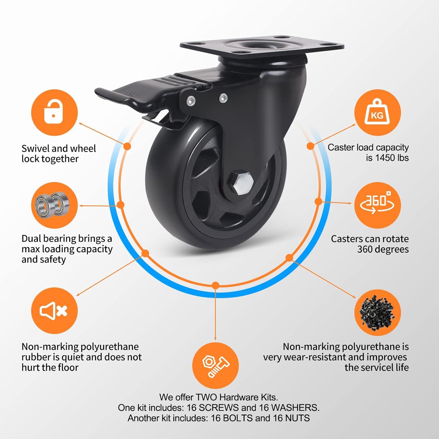 4-Inch Black Polyurethane Heavy Duty Caster Wheels Set