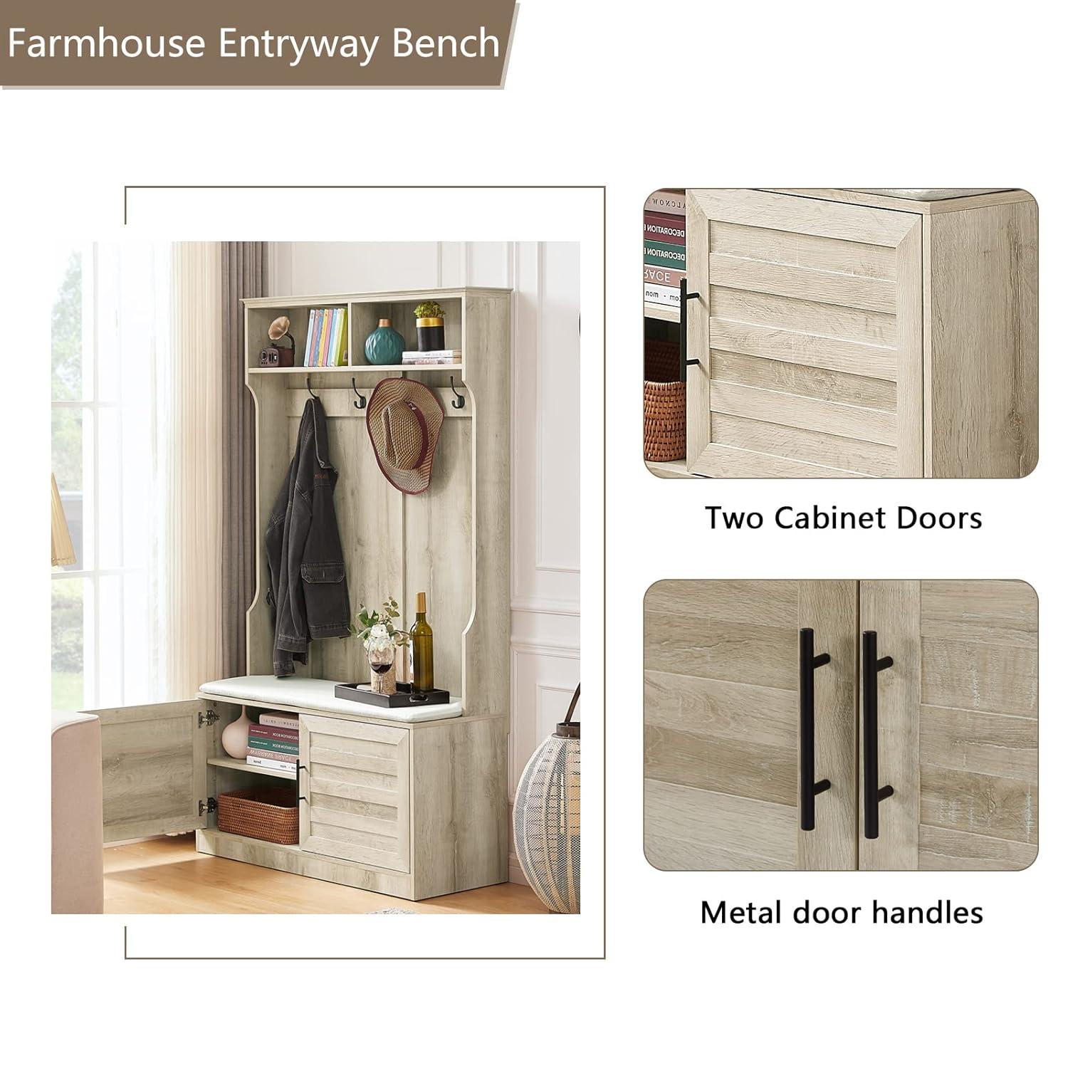 Betoko Hall Trees with Bench and Coat Racks, Farmhouse 71 Inch Entryway Bench with Sliding Barn Door, Wood Coat Tree Mudroom Storage Benches with Drawers (Walnut)