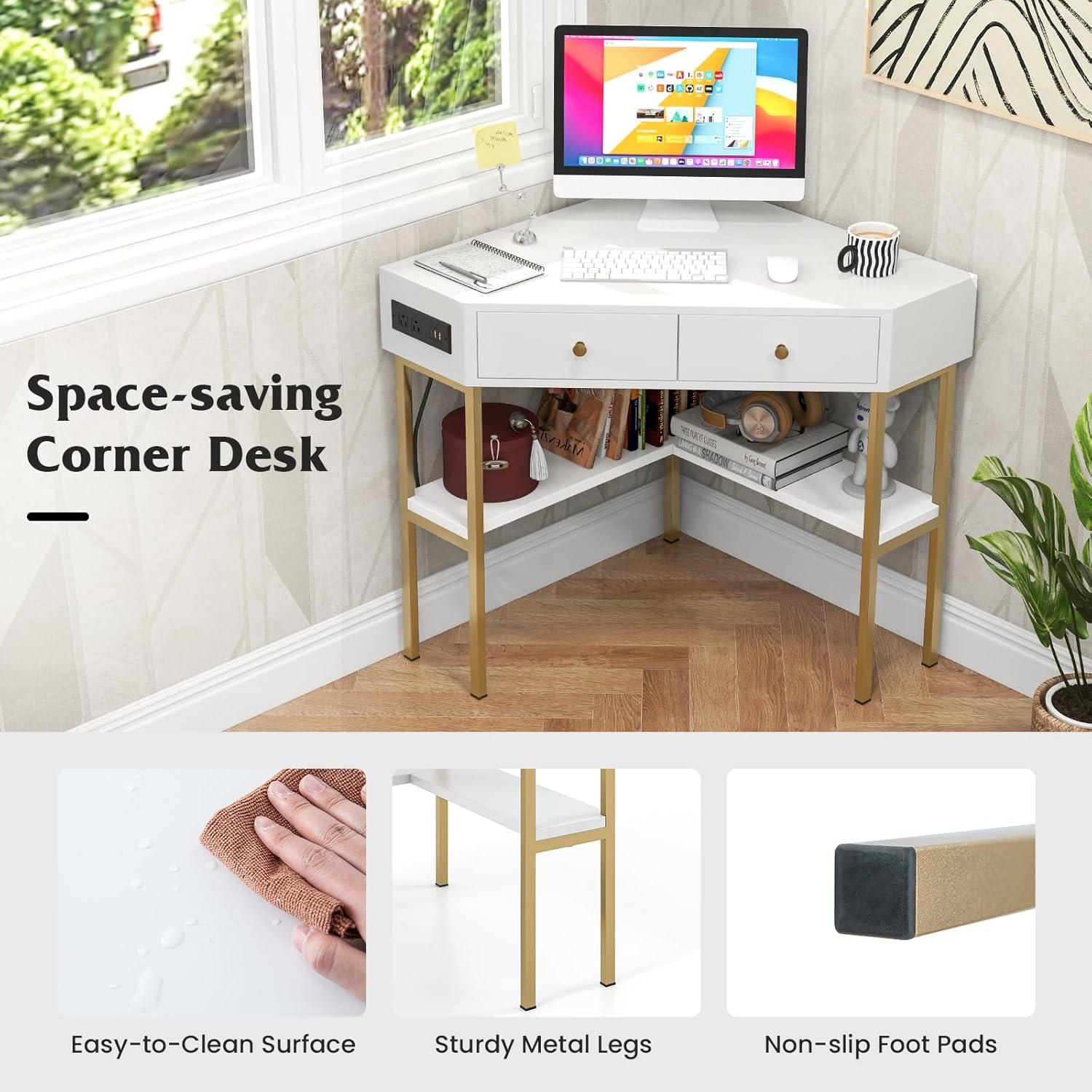 Costway Corner Desk with Built-in Charging Station Storage Drawers & Open Shelves Office White