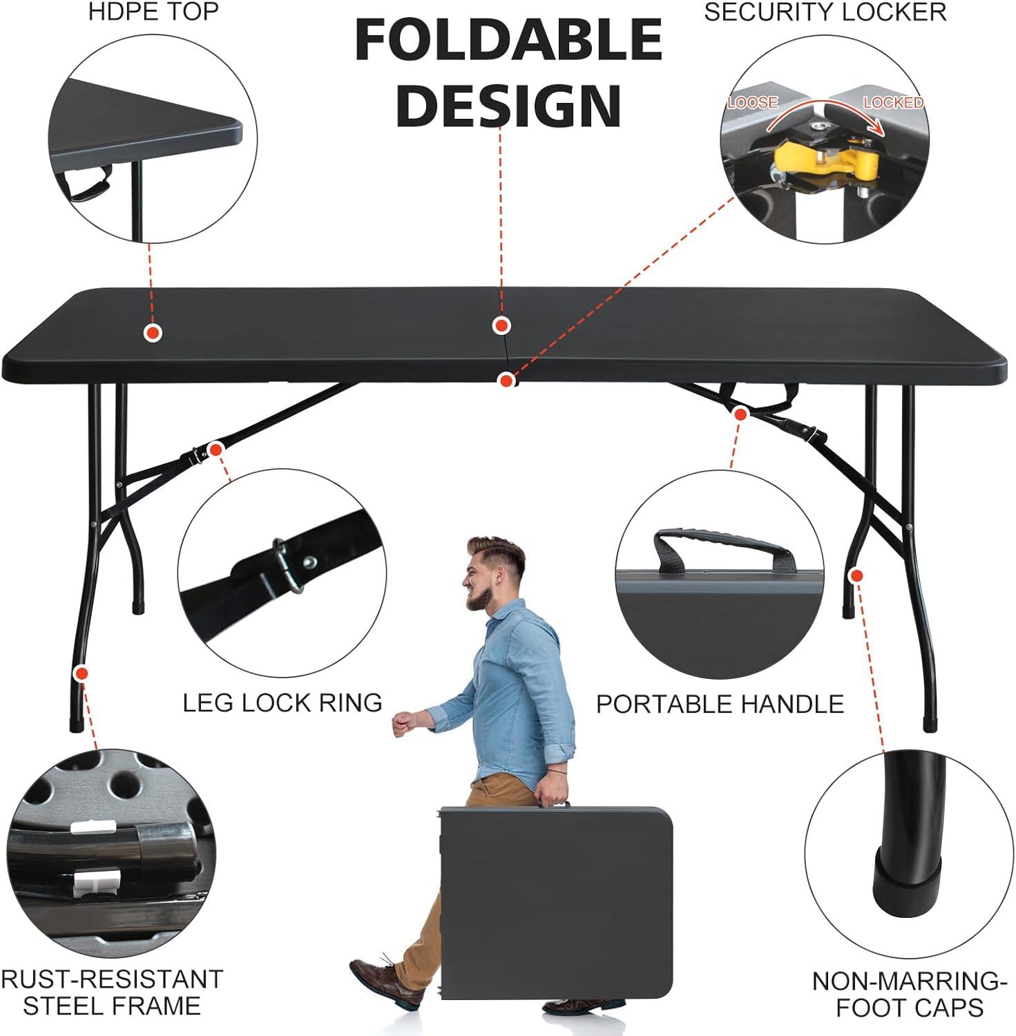 6ft Folding Table, Portable Plastic Table for Camping, Picnics, Parties, High Load Bearing Foldable Table Black