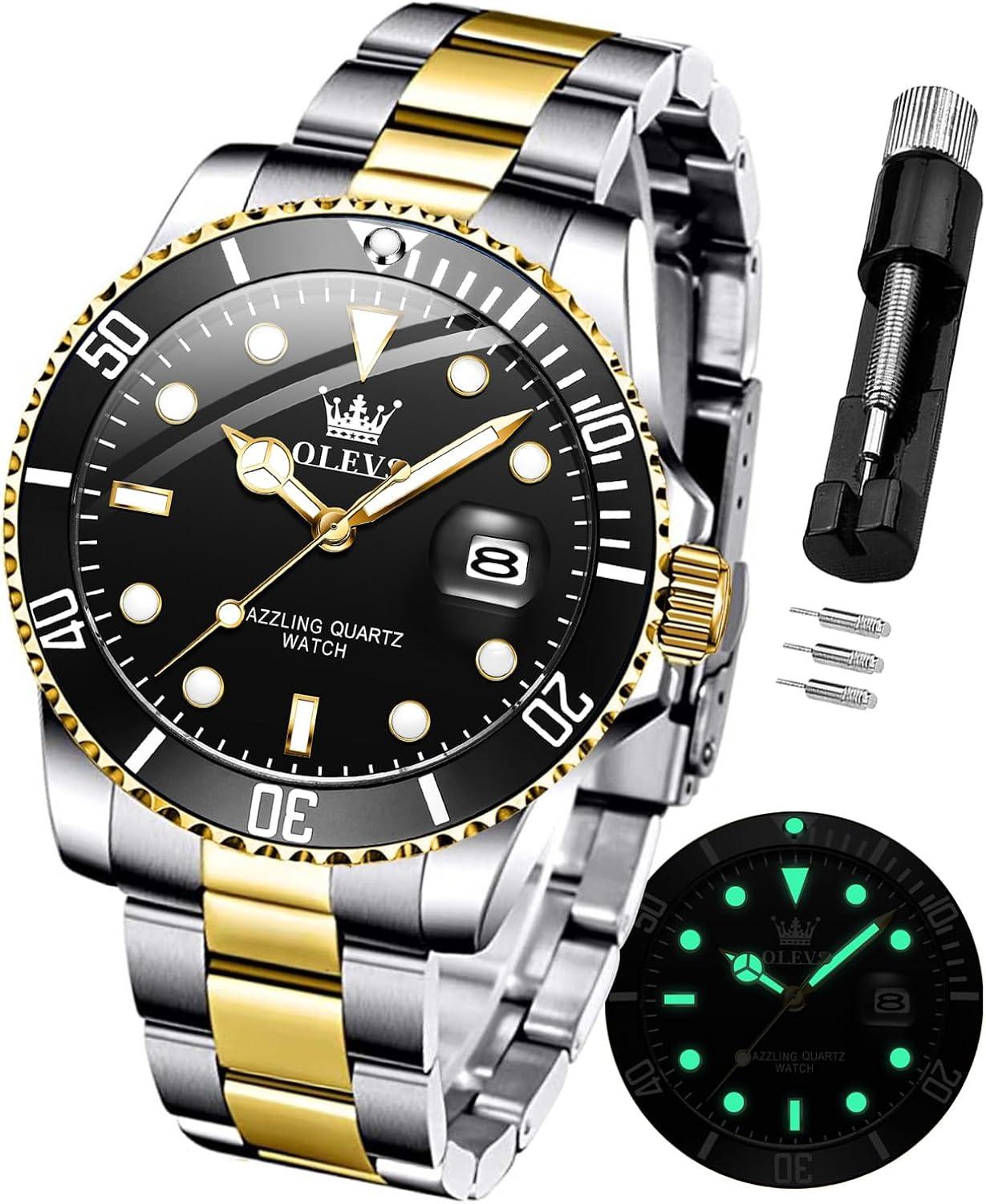 OLEVS Men Watch,Big Dial Watches for Men Stainless Steel Watch with Day Waterproof Analog Quartz Watches for Man Classic Business Wristwatch Luxury Luminous Round for Men Rotatable Bezel Watch