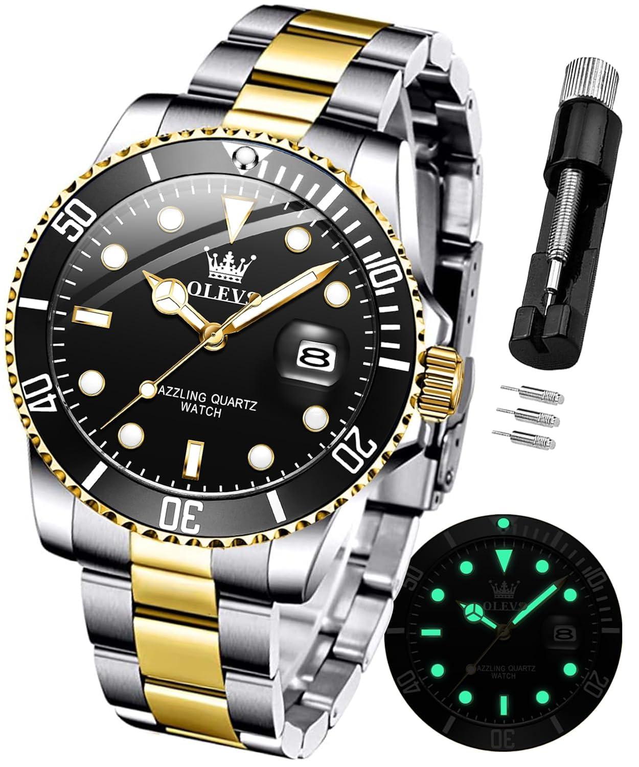 OLEVS Men Watch,Big Dial Watches for Men Stainless Steel Watch with Day Waterproof Analog Quartz Watches for Man Classic Business Wristwatch Luxury Luminous Round for Men Rotatable Bezel Watch